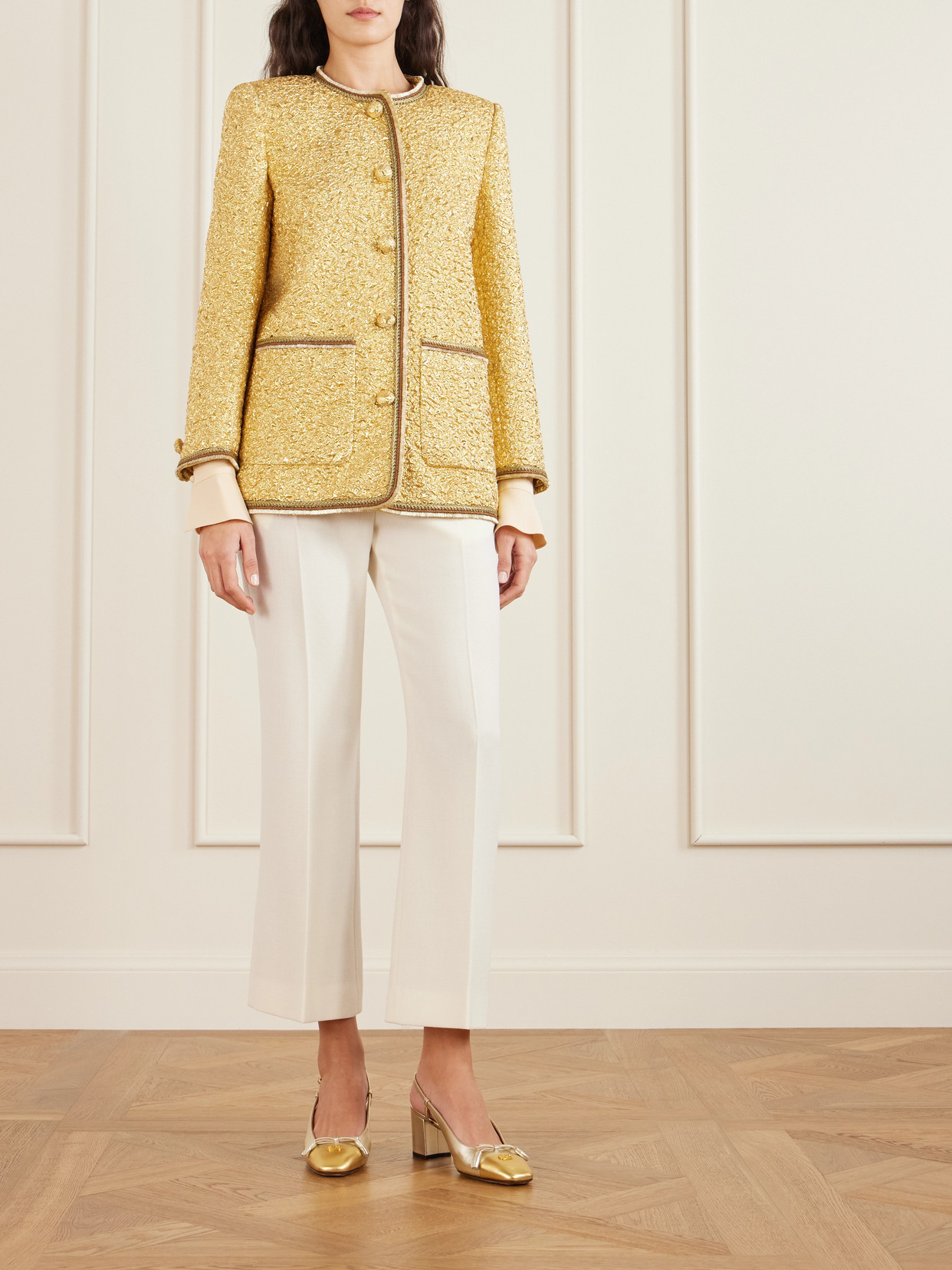 Valentino Metallic Cloqué-jacquard Jacket In Gold