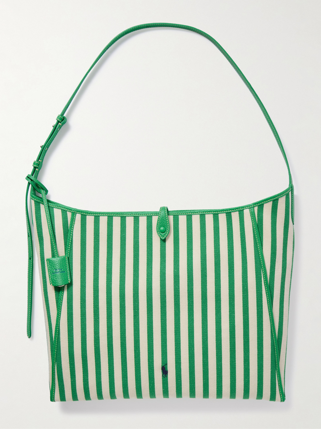 Polo Ralph Lauren Embroidered Striped Leather-trimmed Canvas Shoulder Bag In Green