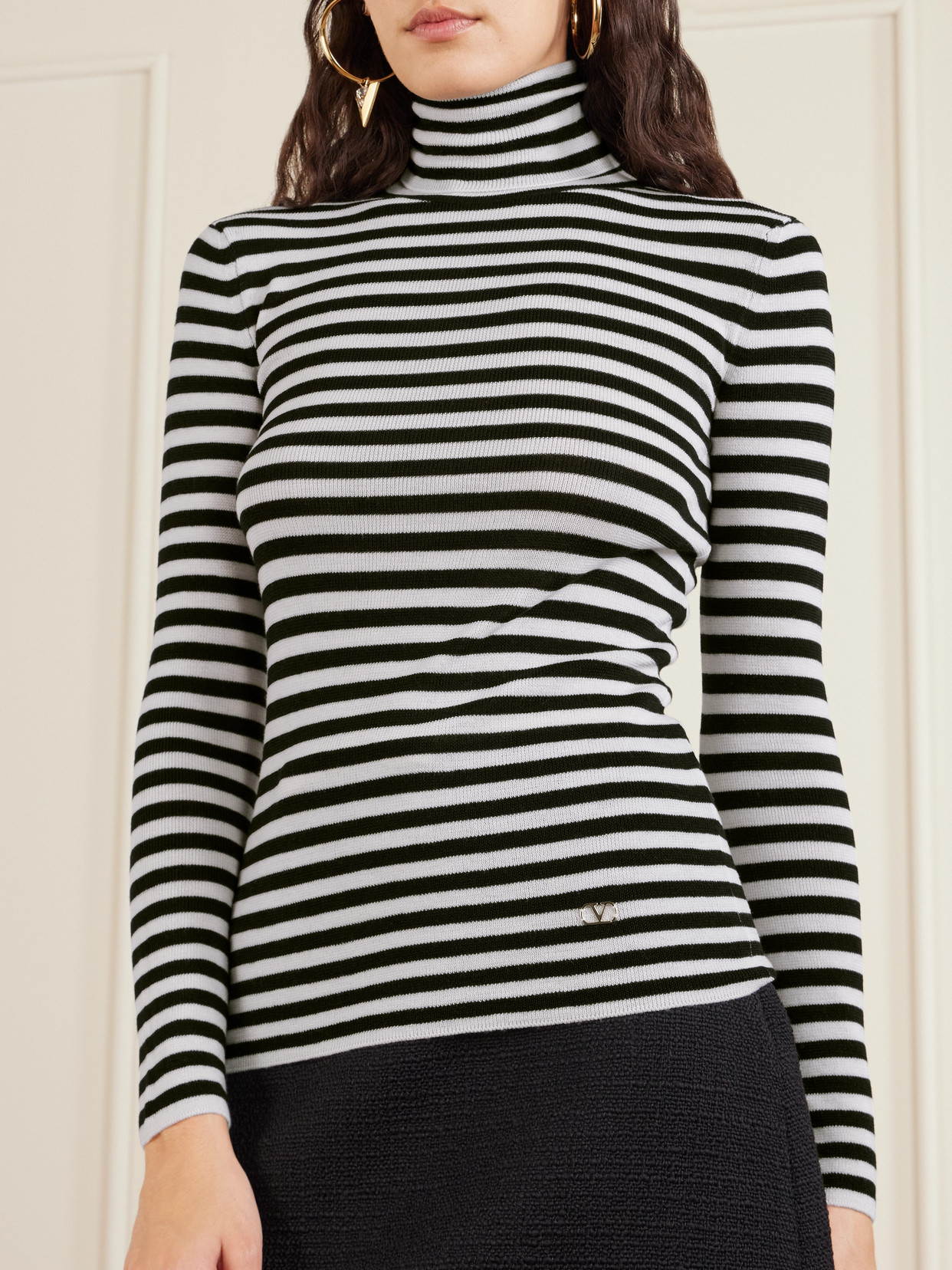 Valentino Striped Wool Turtleneck Sweater In Black