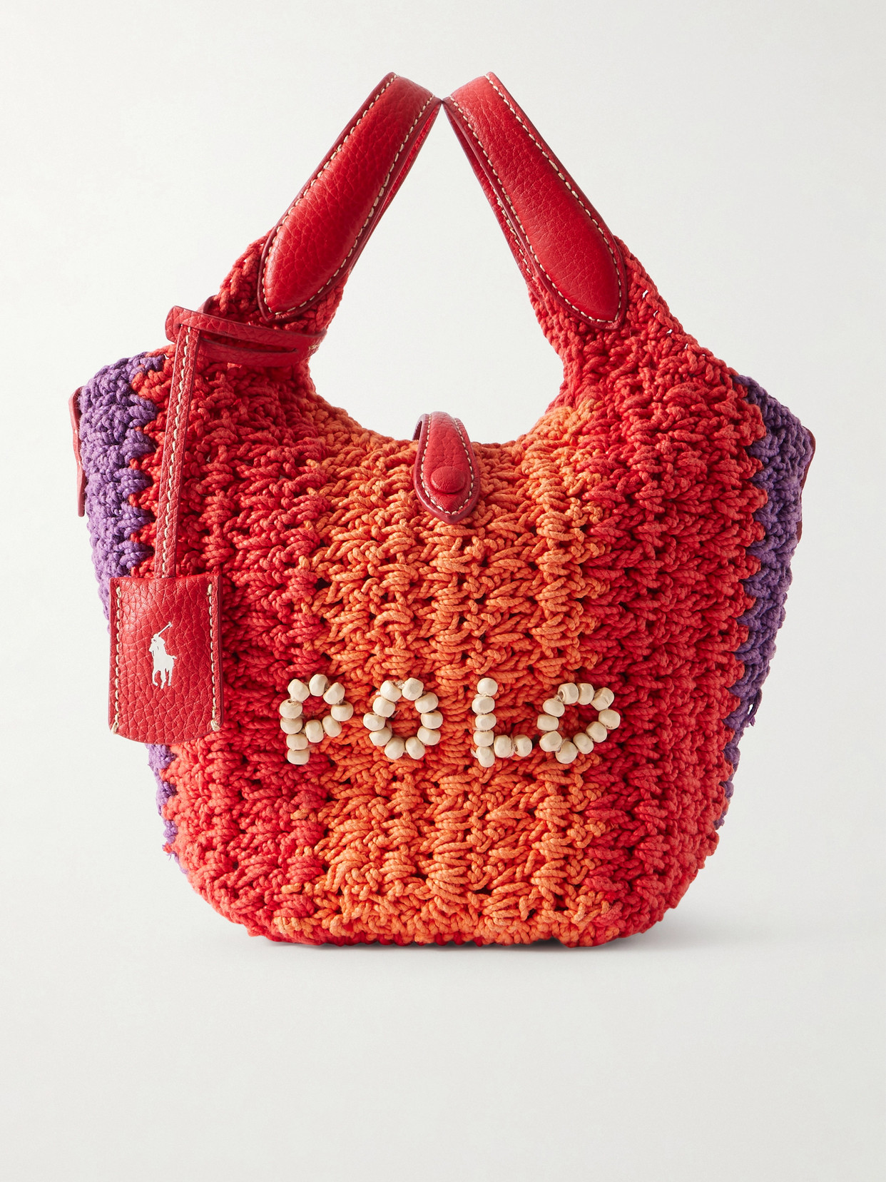 Polo Ralph Lauren Polo Play Small Leather-trimmed Crocheted Bucket Bag In Red