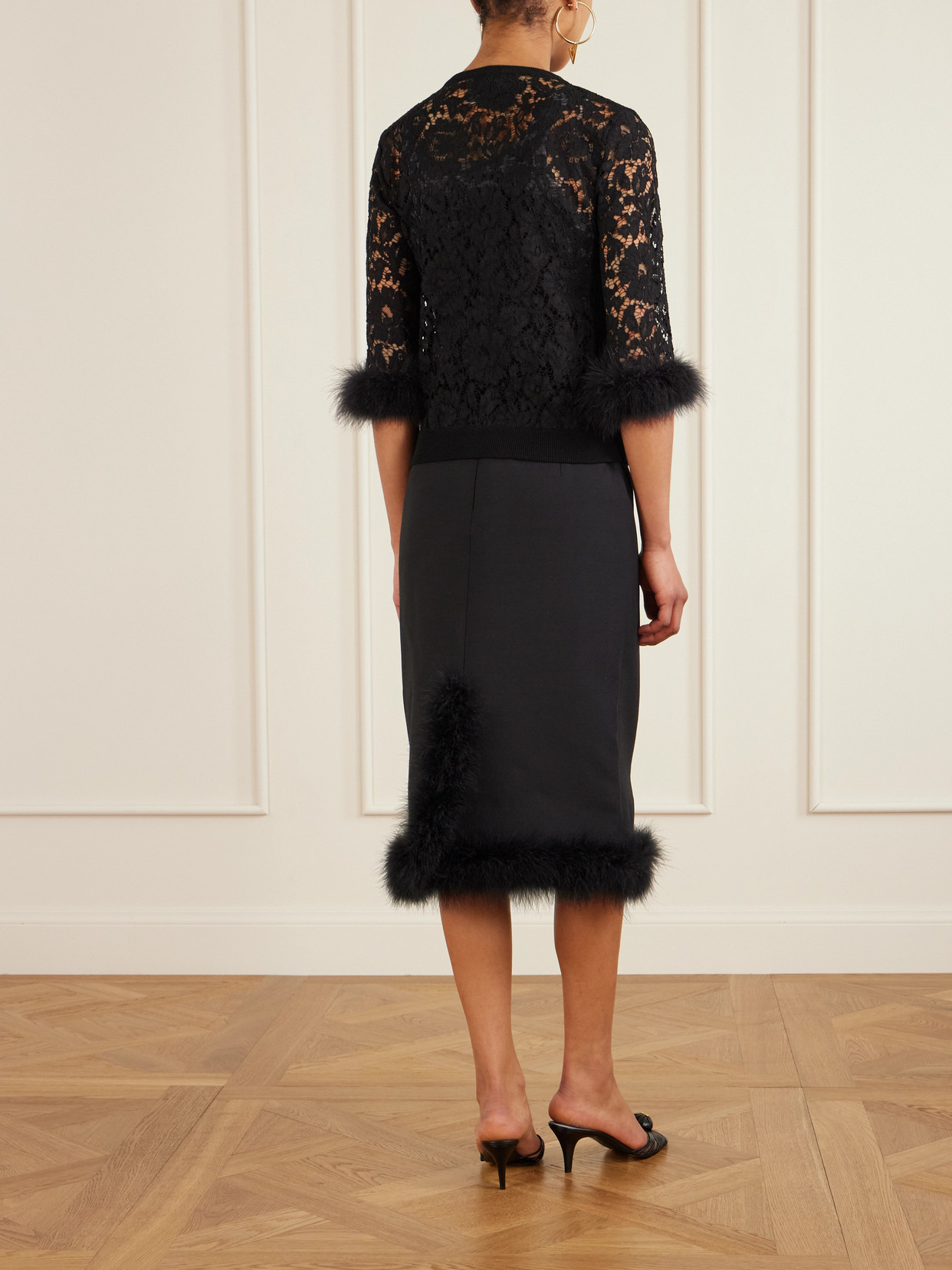 Valentino Feather-trimmed Cotton Corded Lace Cardigan In Black
