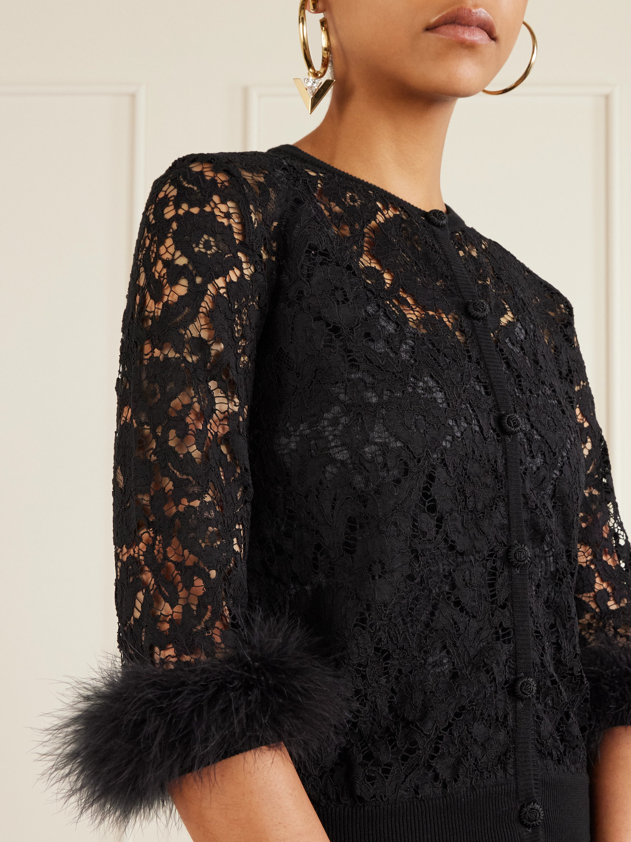 Valentino Feather-trimmed Cotton Corded Lace Cardigan In Black