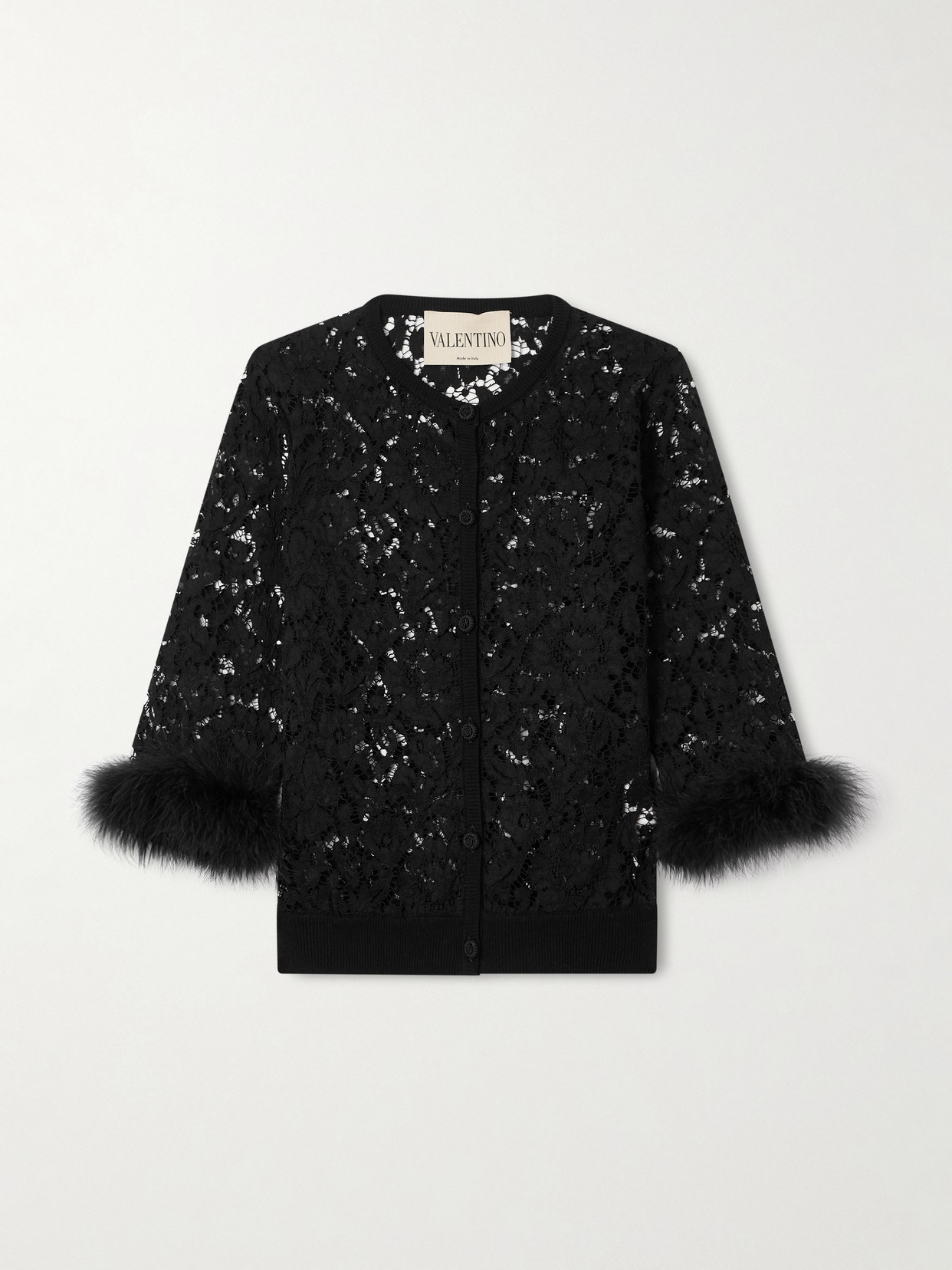 Valentino Feather-trimmed Cotton Corded Lace Cardigan In Black