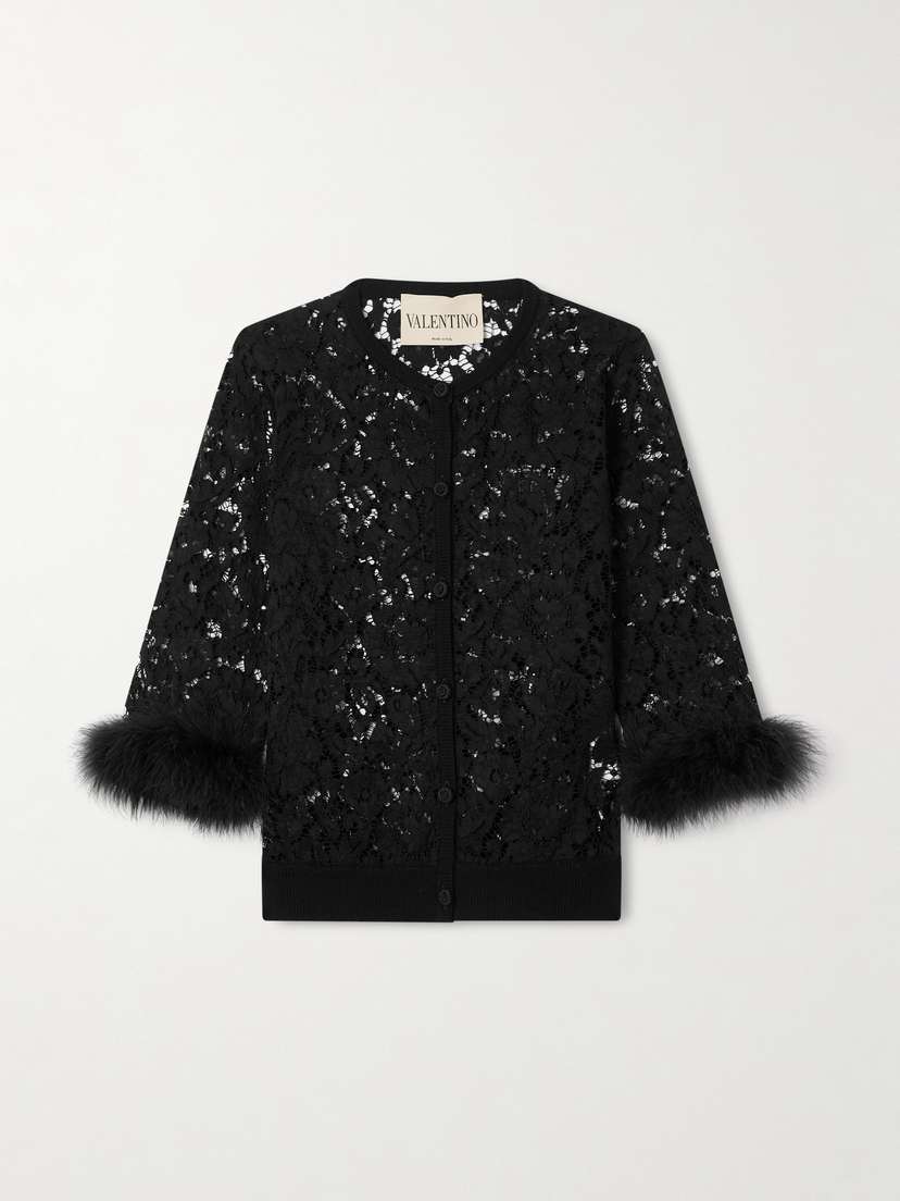 Valentino Garavani Feather-trimmed Cotton Corded Lace Cardigan