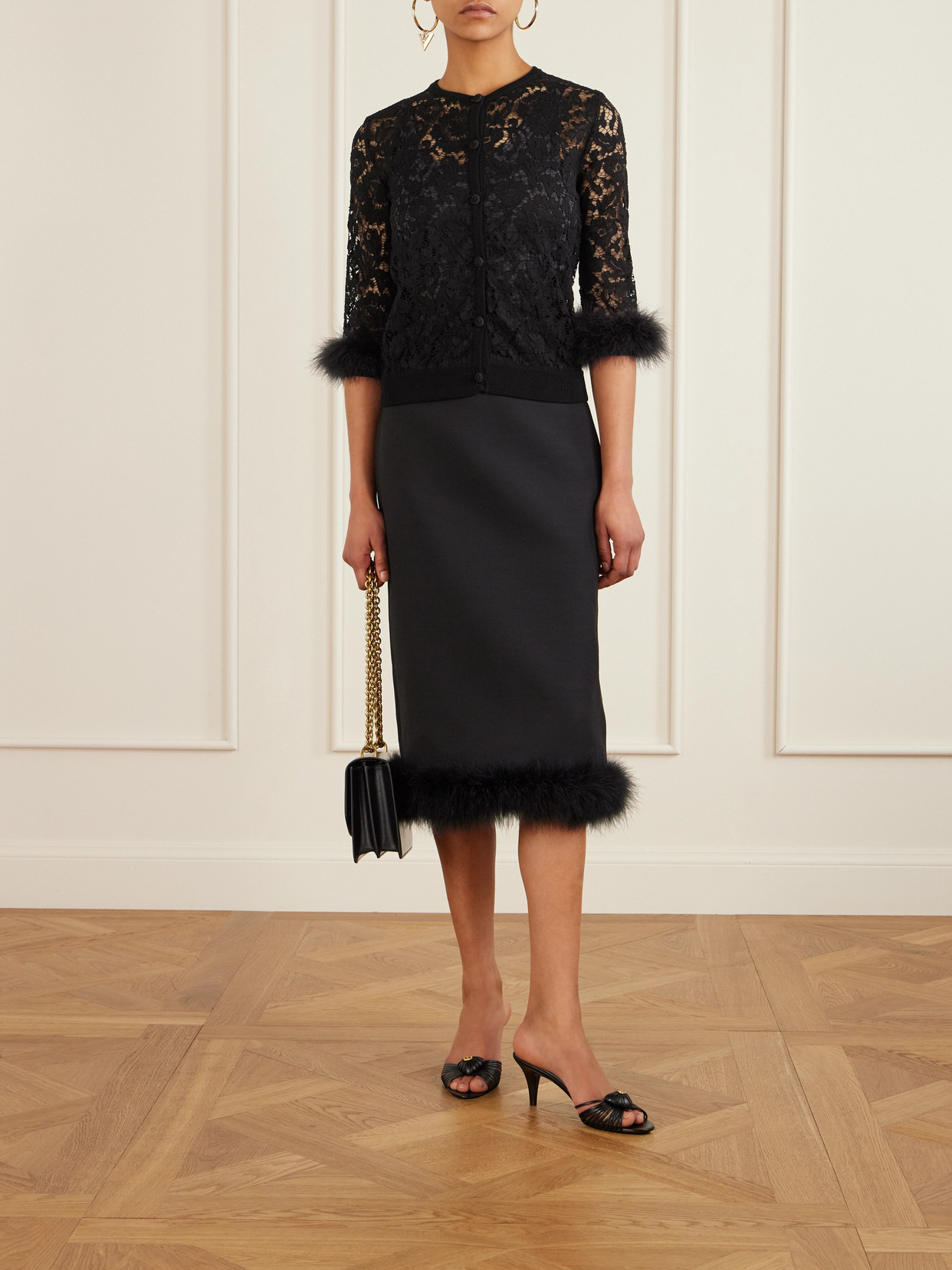 Valentino Feather-trimmed Cotton Corded Lace Cardigan In Black