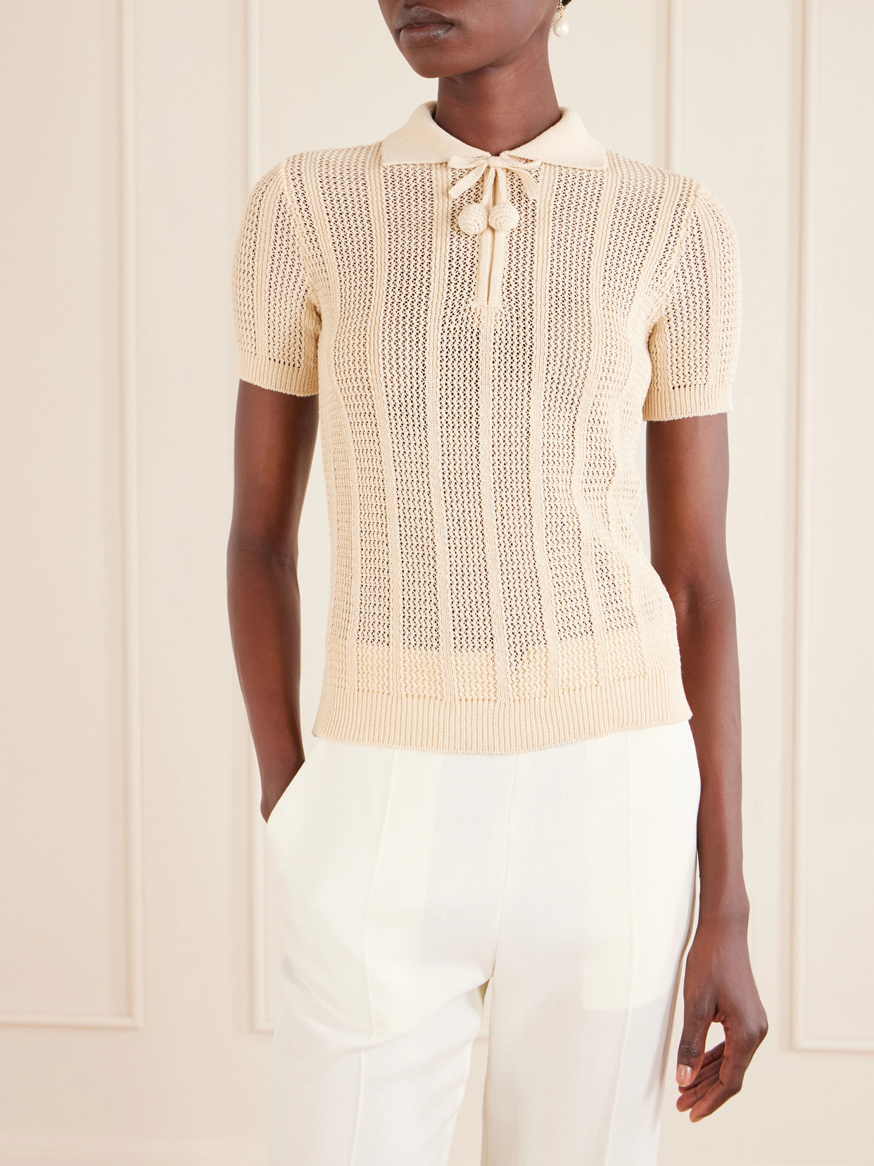 Valentino Embroidered Cotton Knit Polo Woman Ivory Xs In Neutral