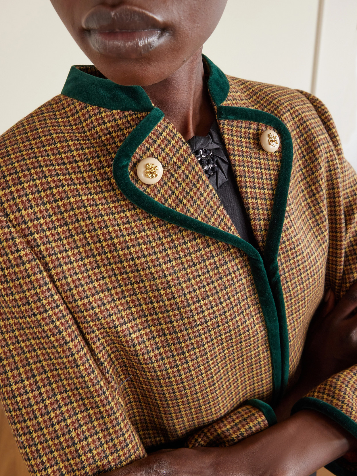 Garavani - Cropped Velvet-Trimmed Houndstooth Jacket