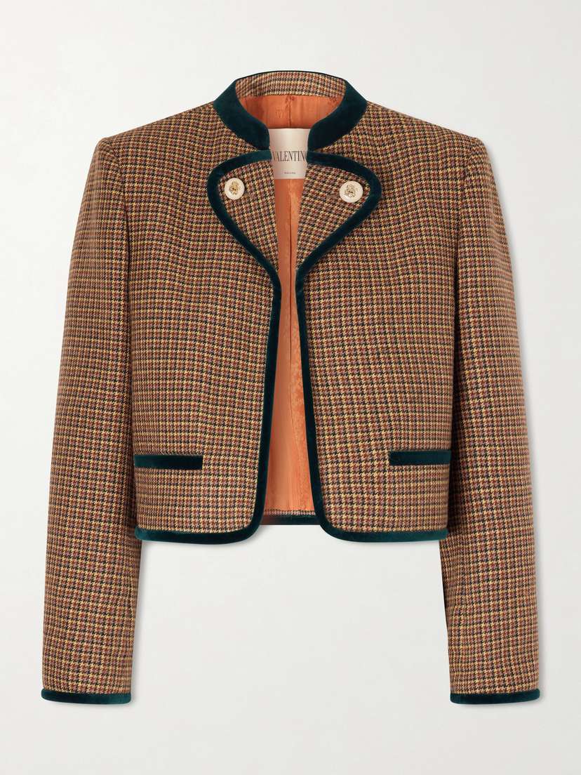 Valentino Garavani Cropped Velvet-trimmed Houndstooth Wool Jacket
