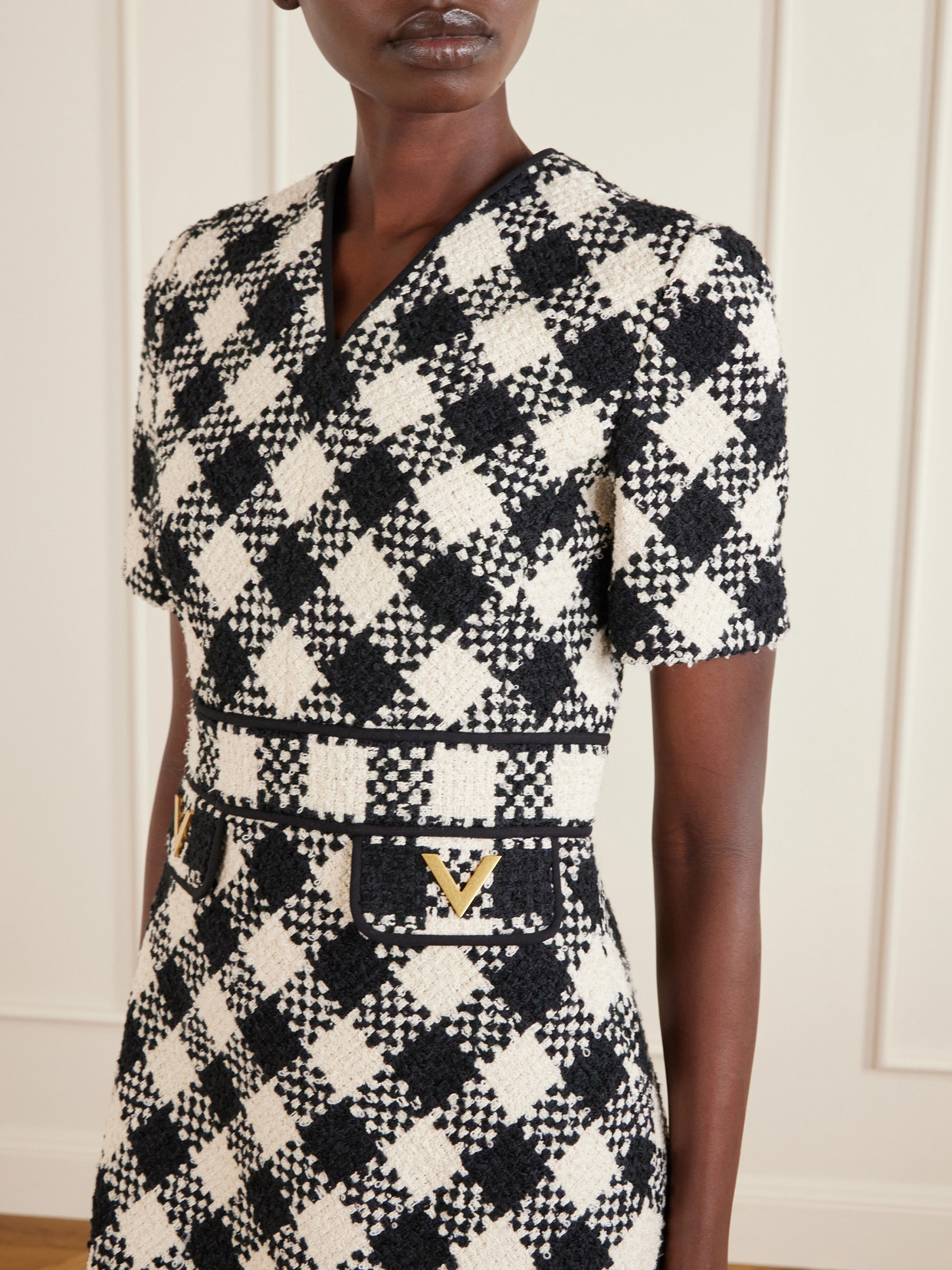 Valentino Vgold Checked Tweed Minidress In Black