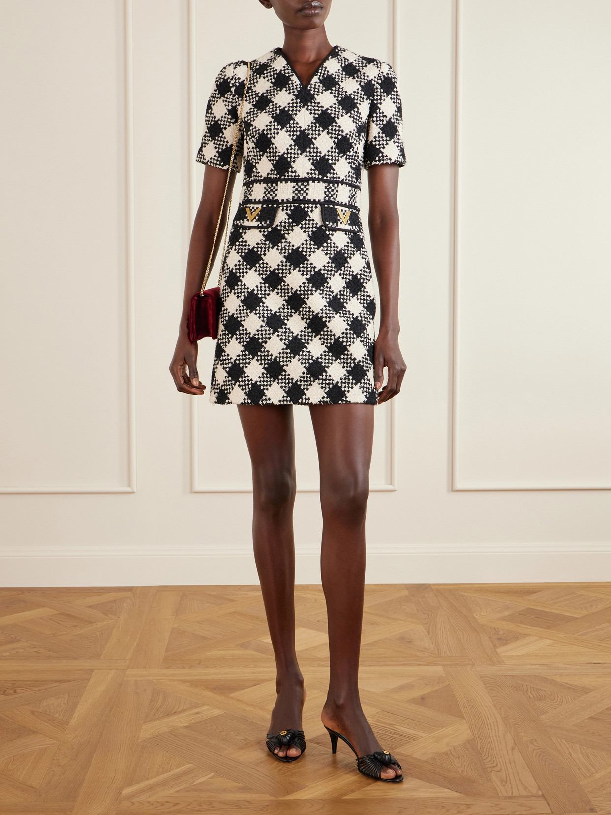 Valentino Vgold Checked Tweed Minidress In Black