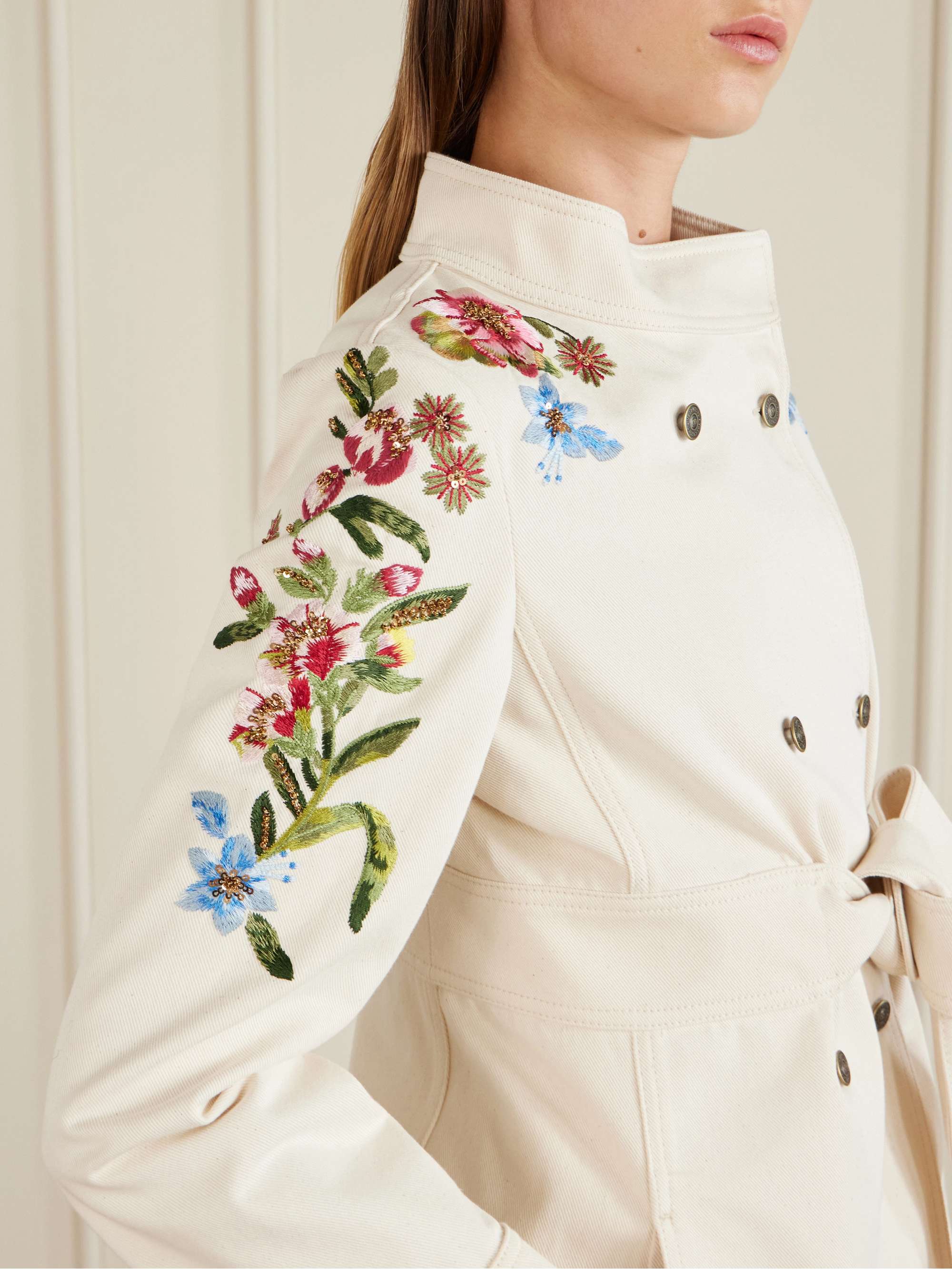 VALENTINO GARAVANI Belted embellished embroidered denim jacket