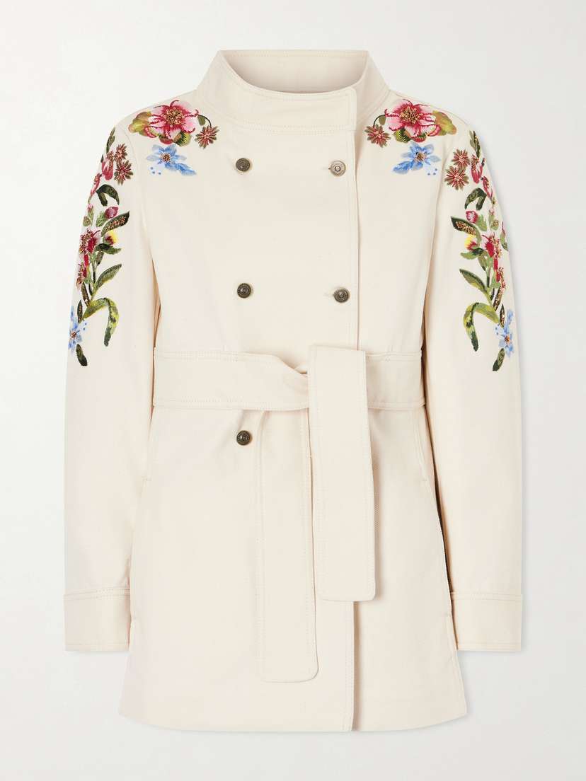 Valentino Garavani Belted Embellished Embroidered Denim Jacket