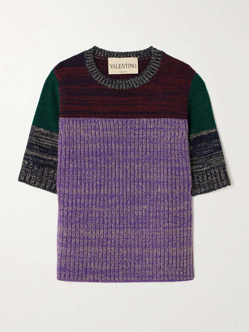 Valentino Garavani Color-block Metallic Ribbed Wool-blend Sweater