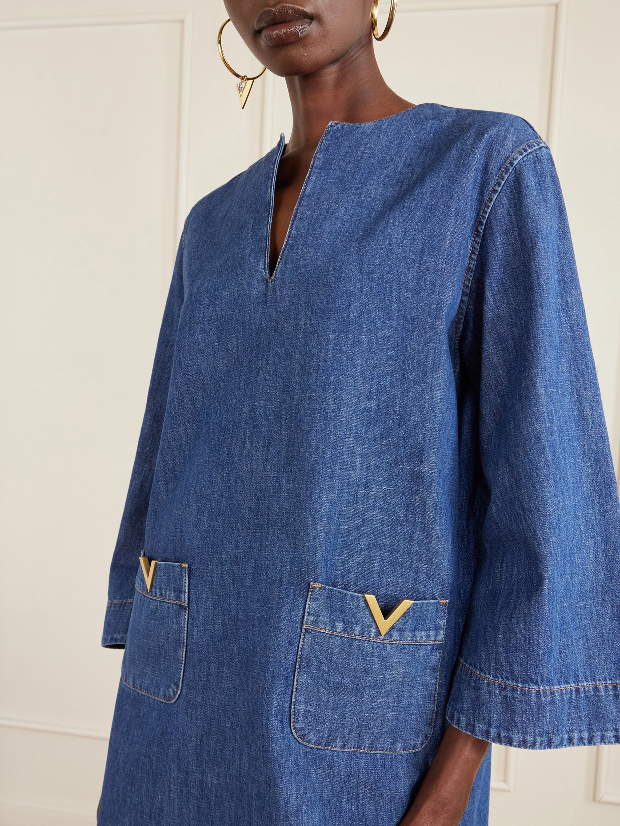 Valentino Vlogo Signature Denim Dress Three Quarter Sleeves In Blue