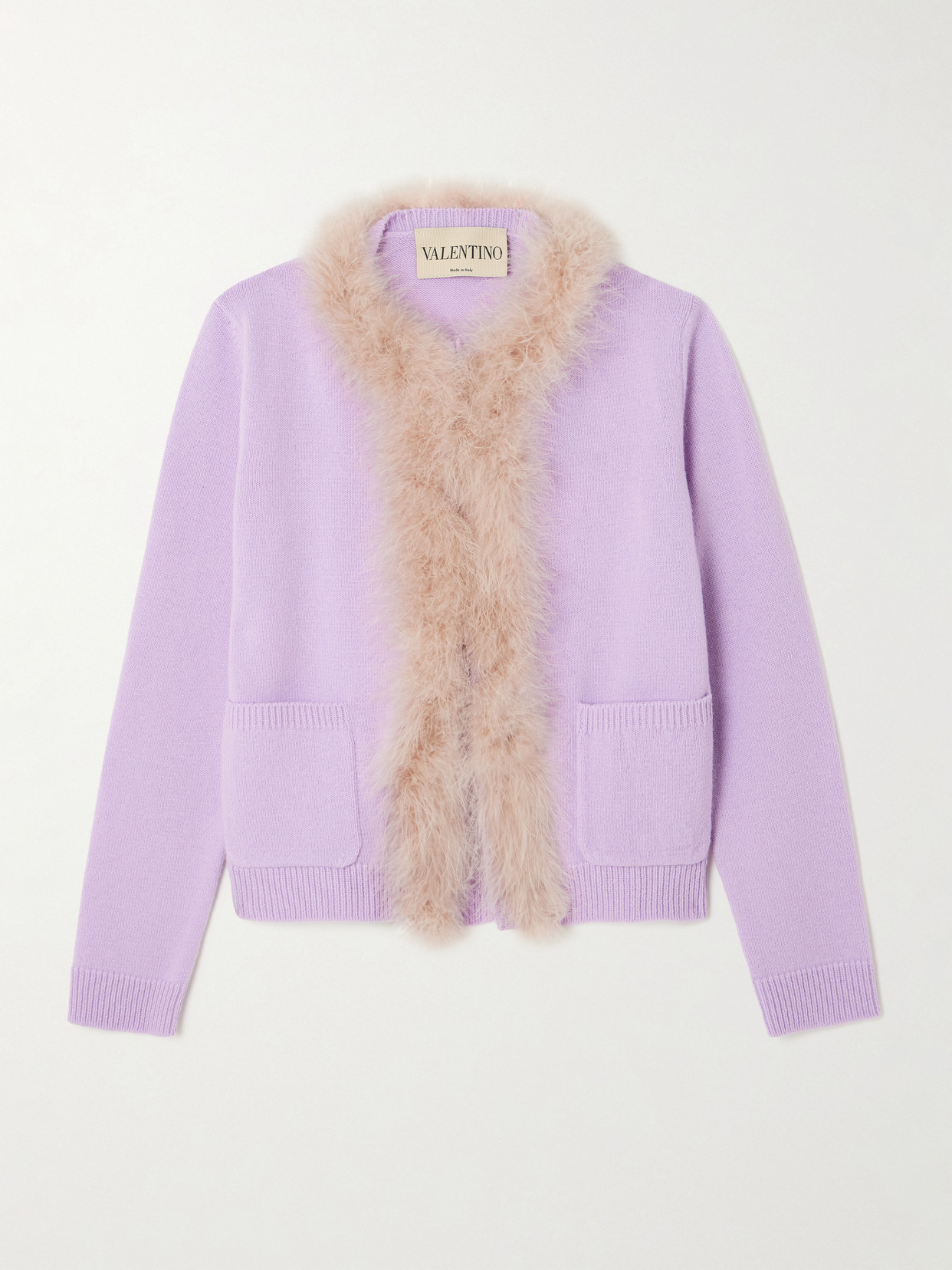 Valentino Feather-trimmed Wool Cardigan In Purple