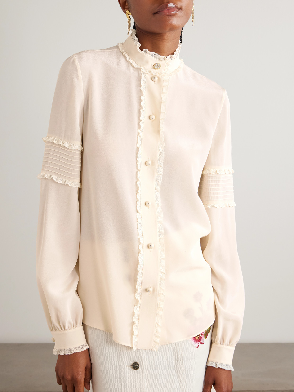 Garavani - Lace-Trimmed Silk Crepe De Chine Blouse
