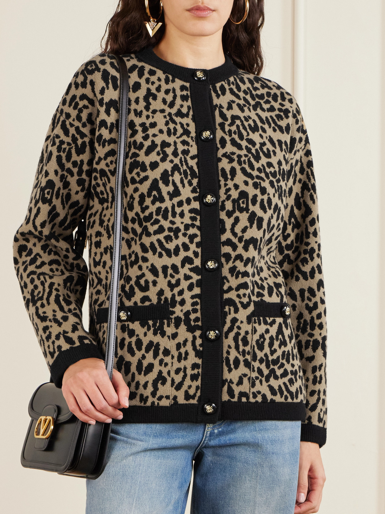 Valentino Leopard-jacquard Wool Cardigan In Brown