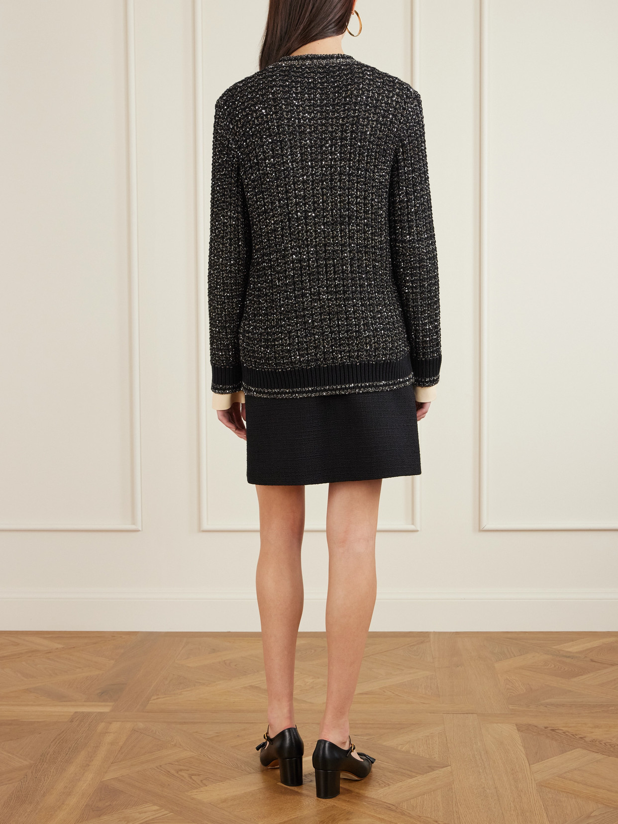 Valentino Sequin-embellished Metallic Cotton-blend Cardigan In Black