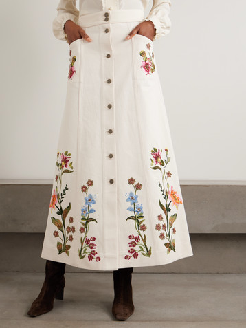 Valentino Garavani Sequin-embellished embroidered denim maxi skirt