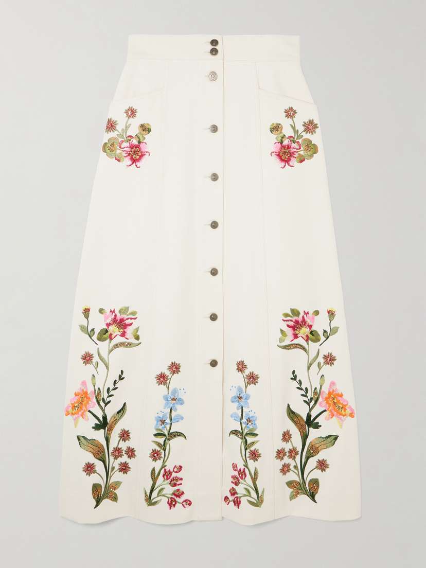 Sequin-embellished Embroidered Denim Maxi Skirt