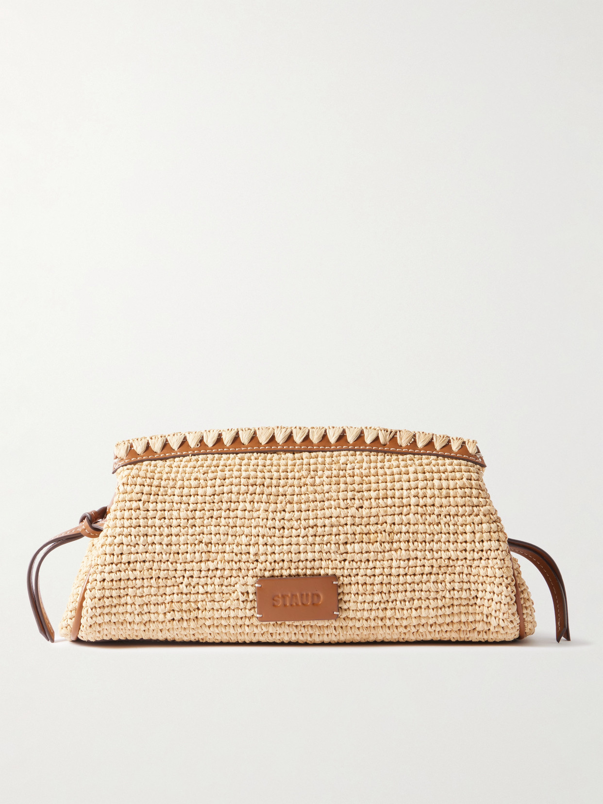 Staud Maude Leather-trimmed Raffia Clutch In Brown