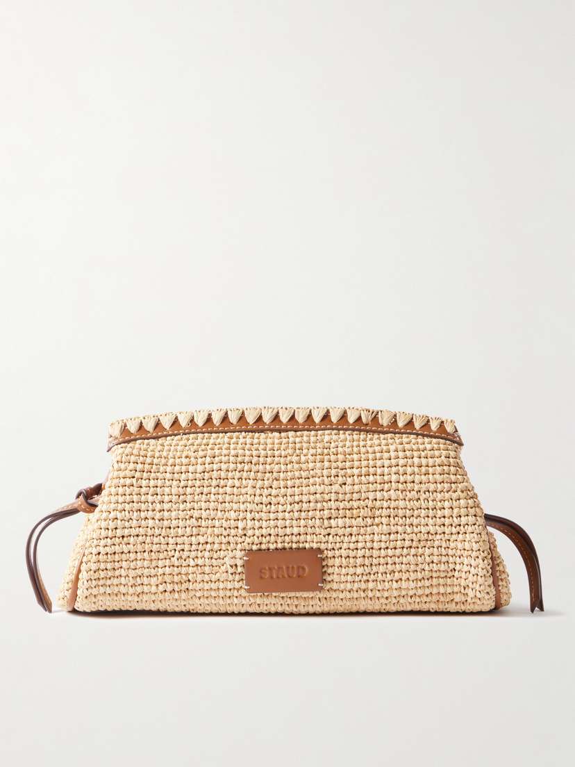 Staud Maude Leather-trimmed Raffia Clutch