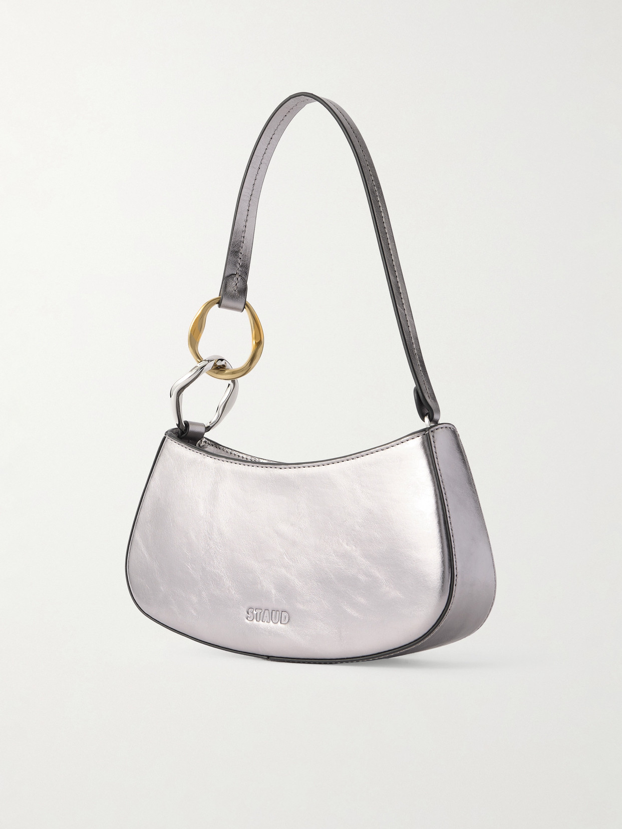 Staud Ollie Metallic Leather Shoulder Bag In Silver