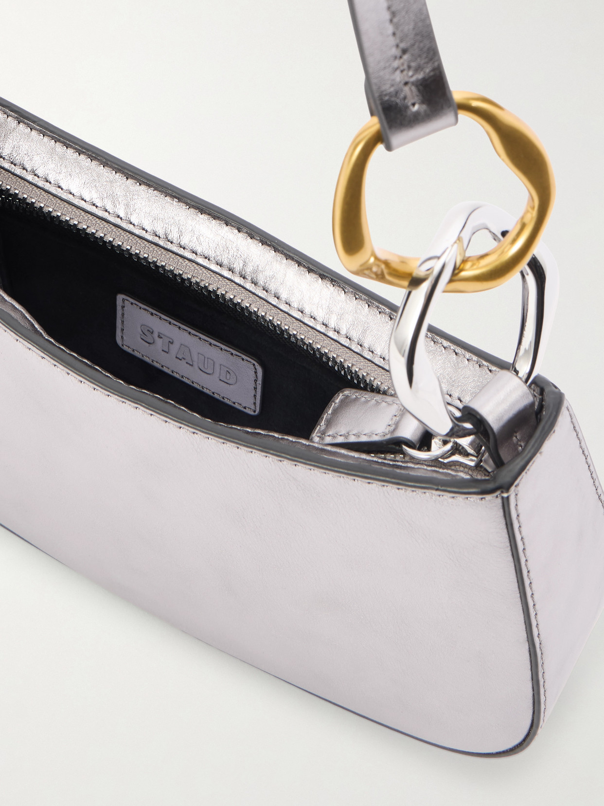 Staud Ollie Metallic Leather Shoulder Bag In Silver