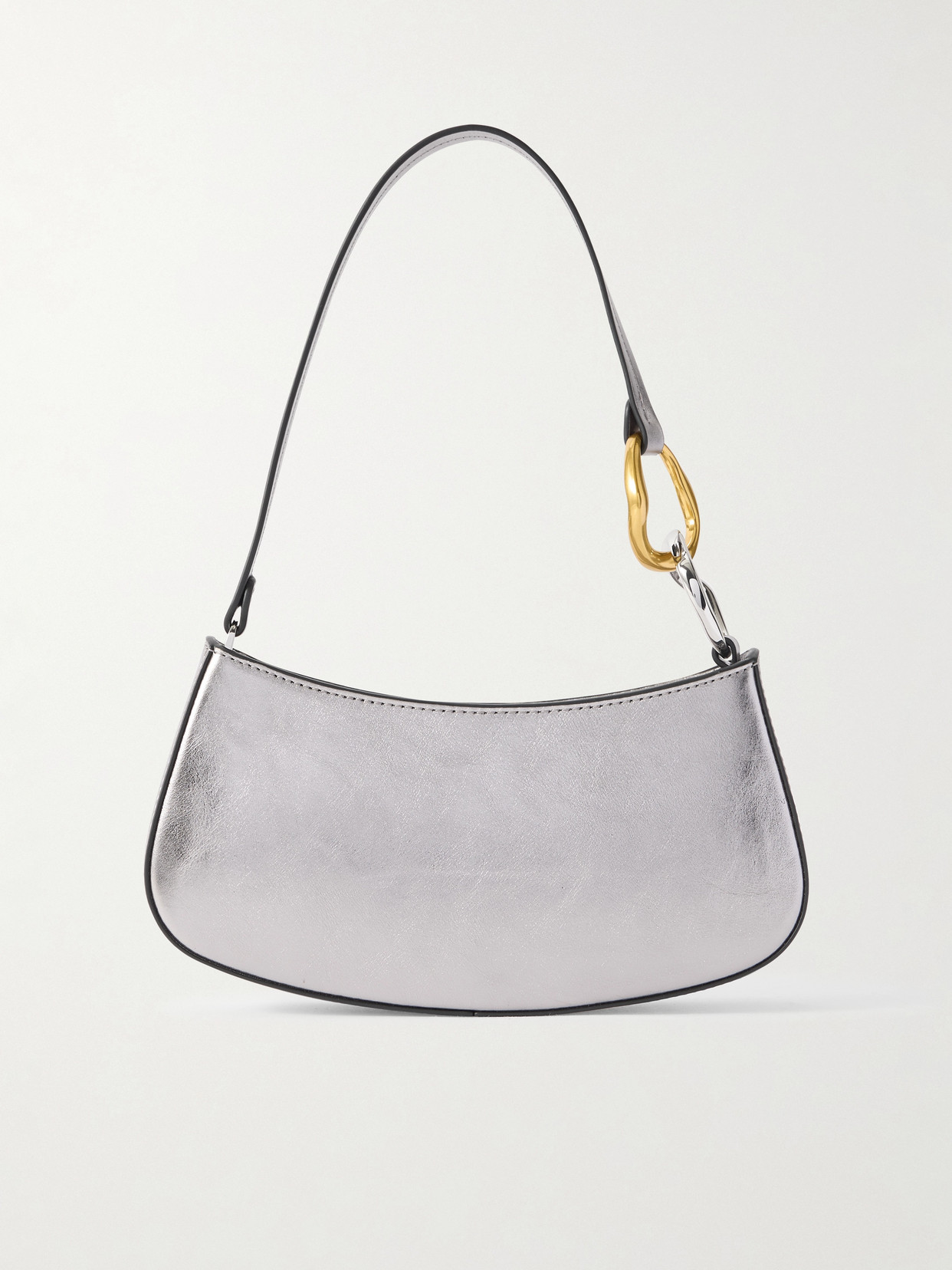 Staud Ollie Metallic Leather Shoulder Bag In Silver