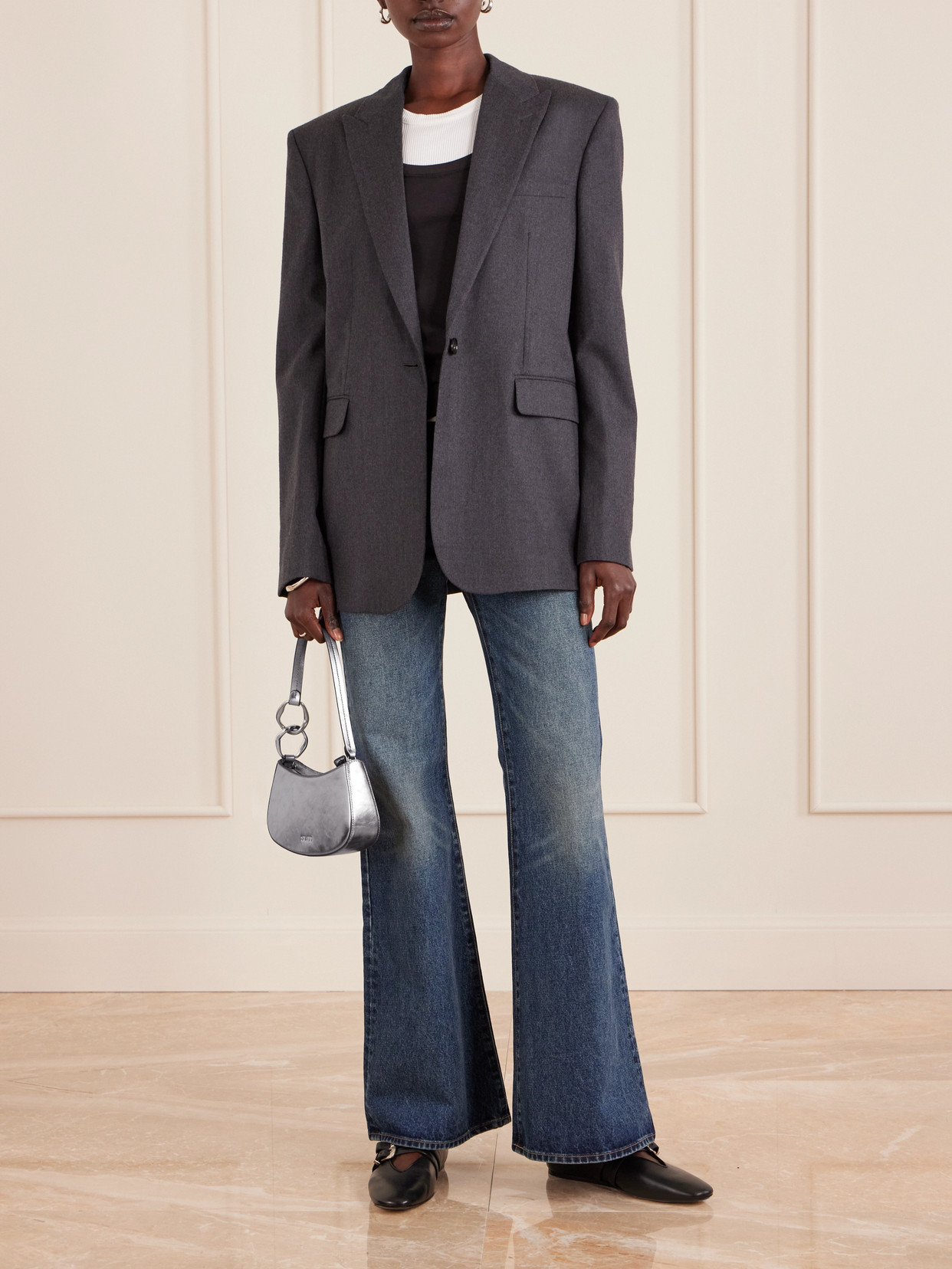 Staud Ollie Metallic Leather Shoulder Bag In Silver