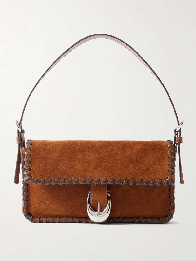 Staud Harlow Buckled Whipstitched Suede Shoulder Bag