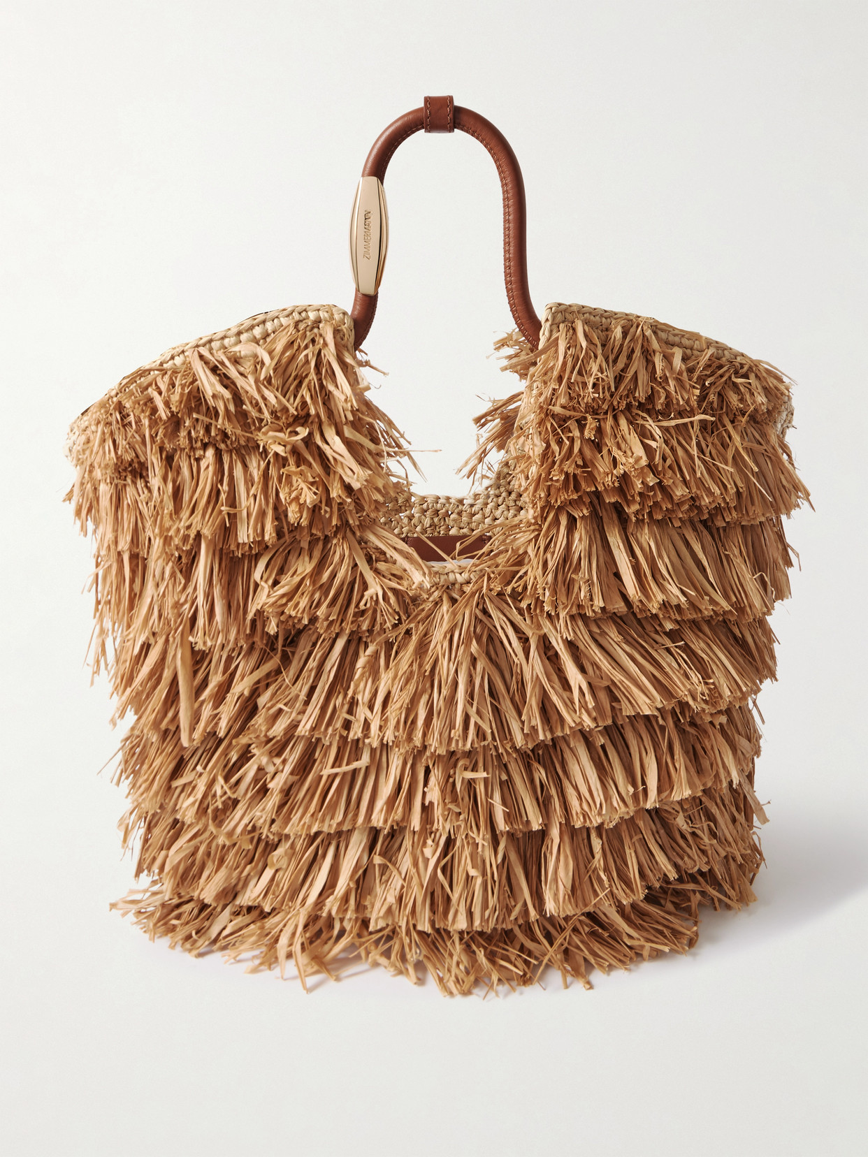 Zimmermann Goldentime Small Leather-trimmed Fringed Raffia Tote In Brown