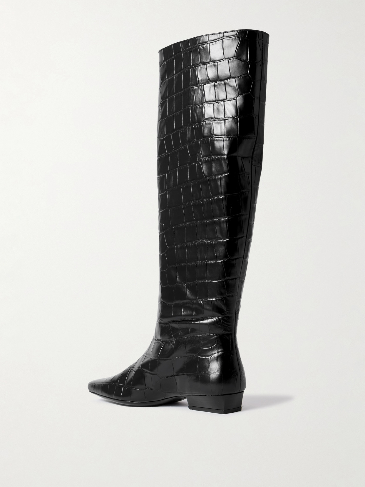 Staud Wally Croc-embossed Leather Flat Knee-high Boots In Black