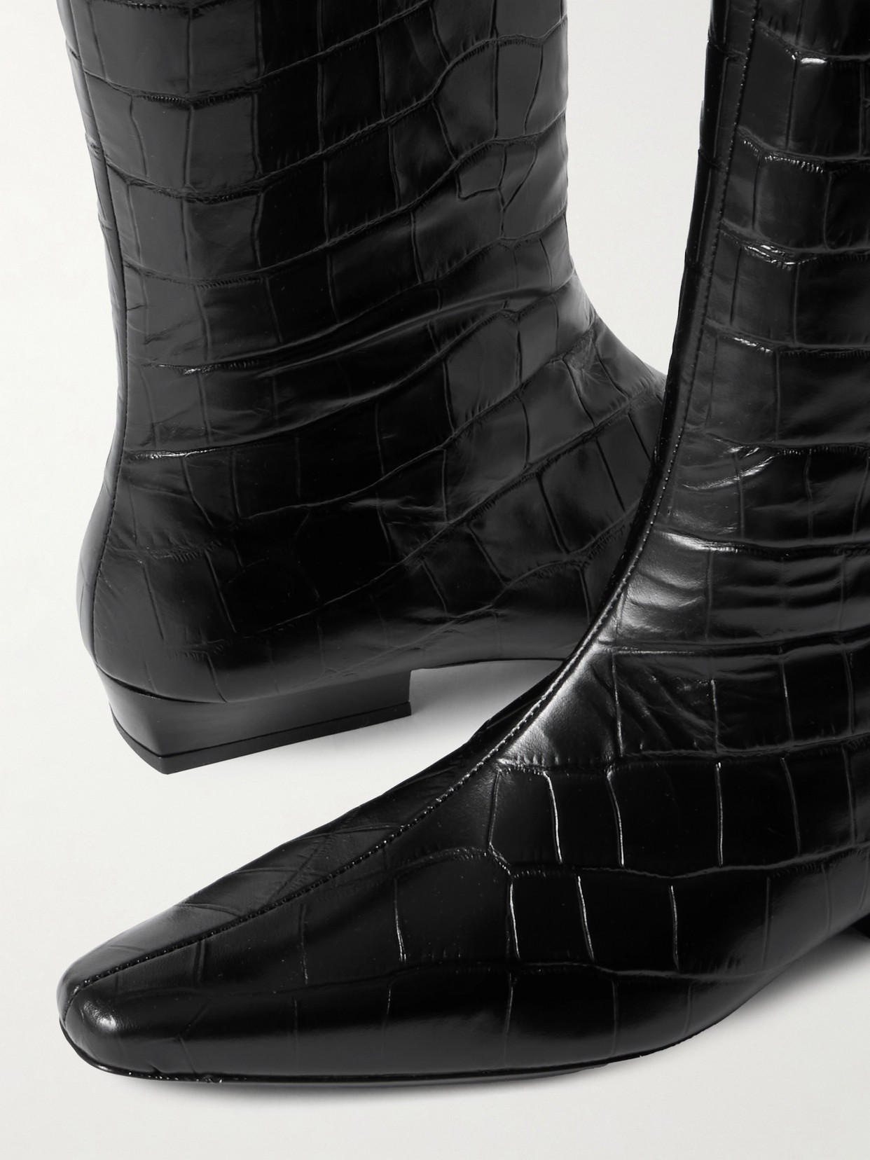 Staud Wally Croc-embossed Leather Flat Knee-high Boots In Black