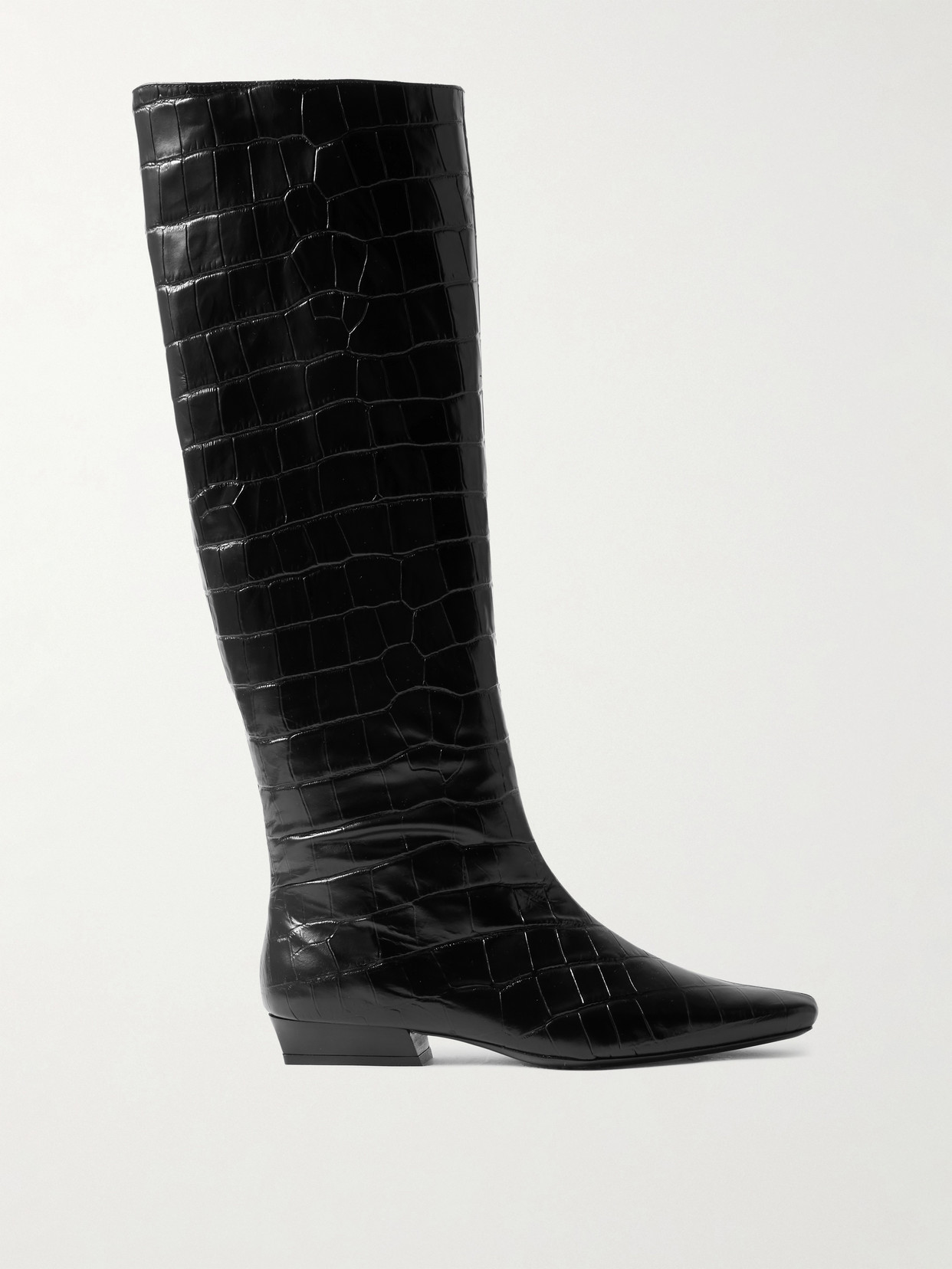 Staud Wally Croc-effect Leather Knee Boots In Black