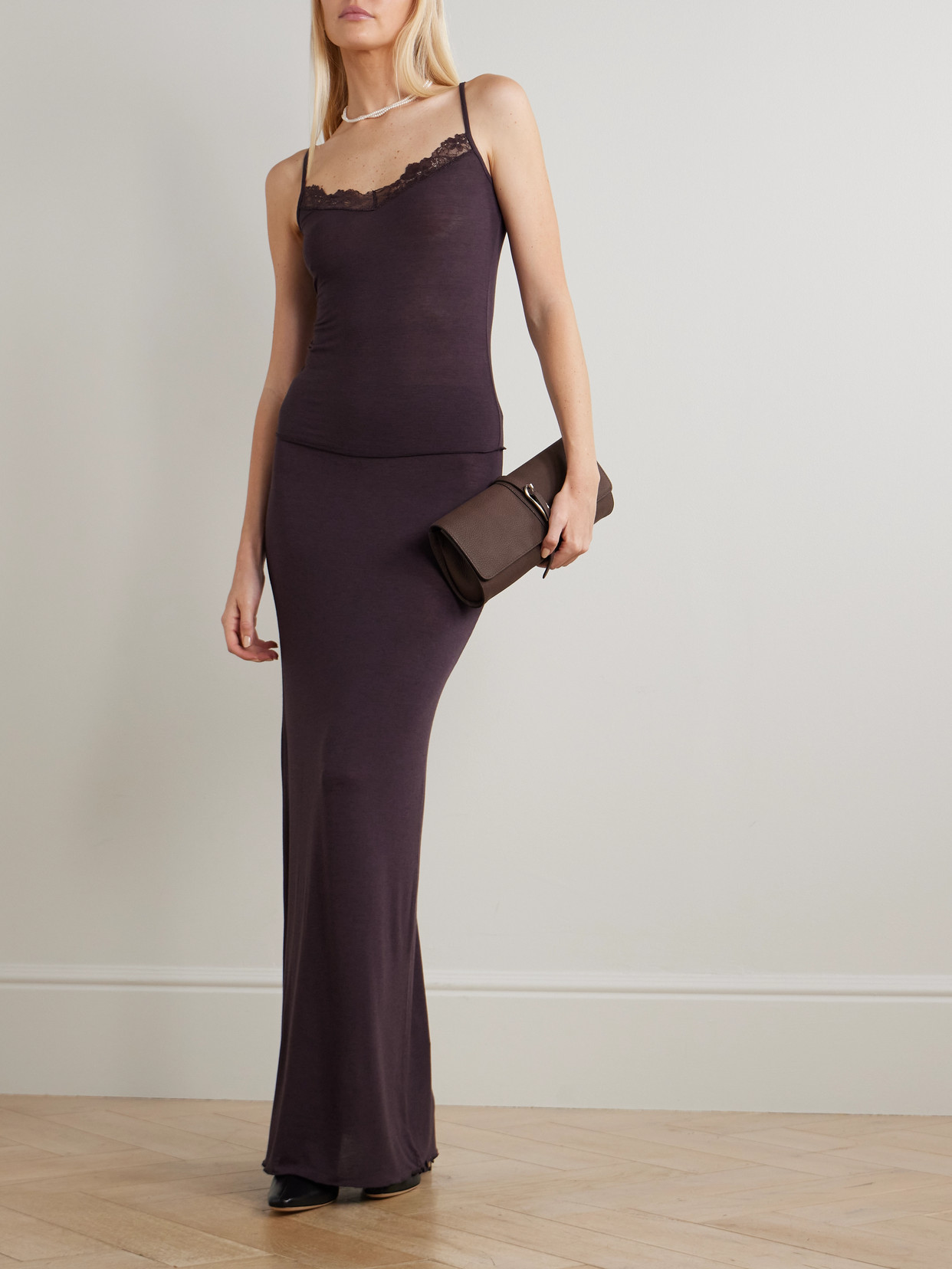 Skims Sheer Modal-blend Lace Cami In Burgundy