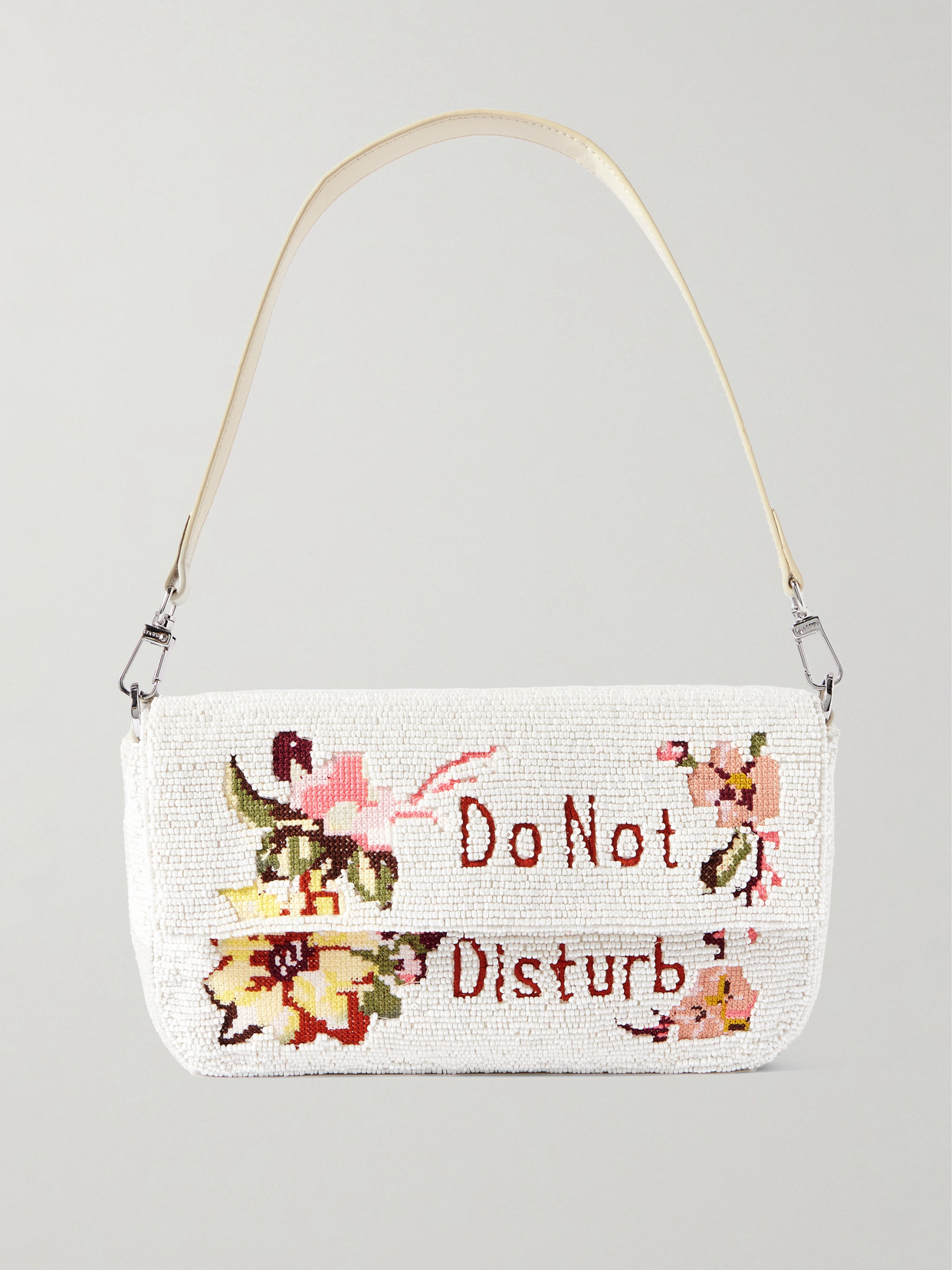 Staud Timmy Leather-trimmed Beaded Satin Shoulder Bag In White