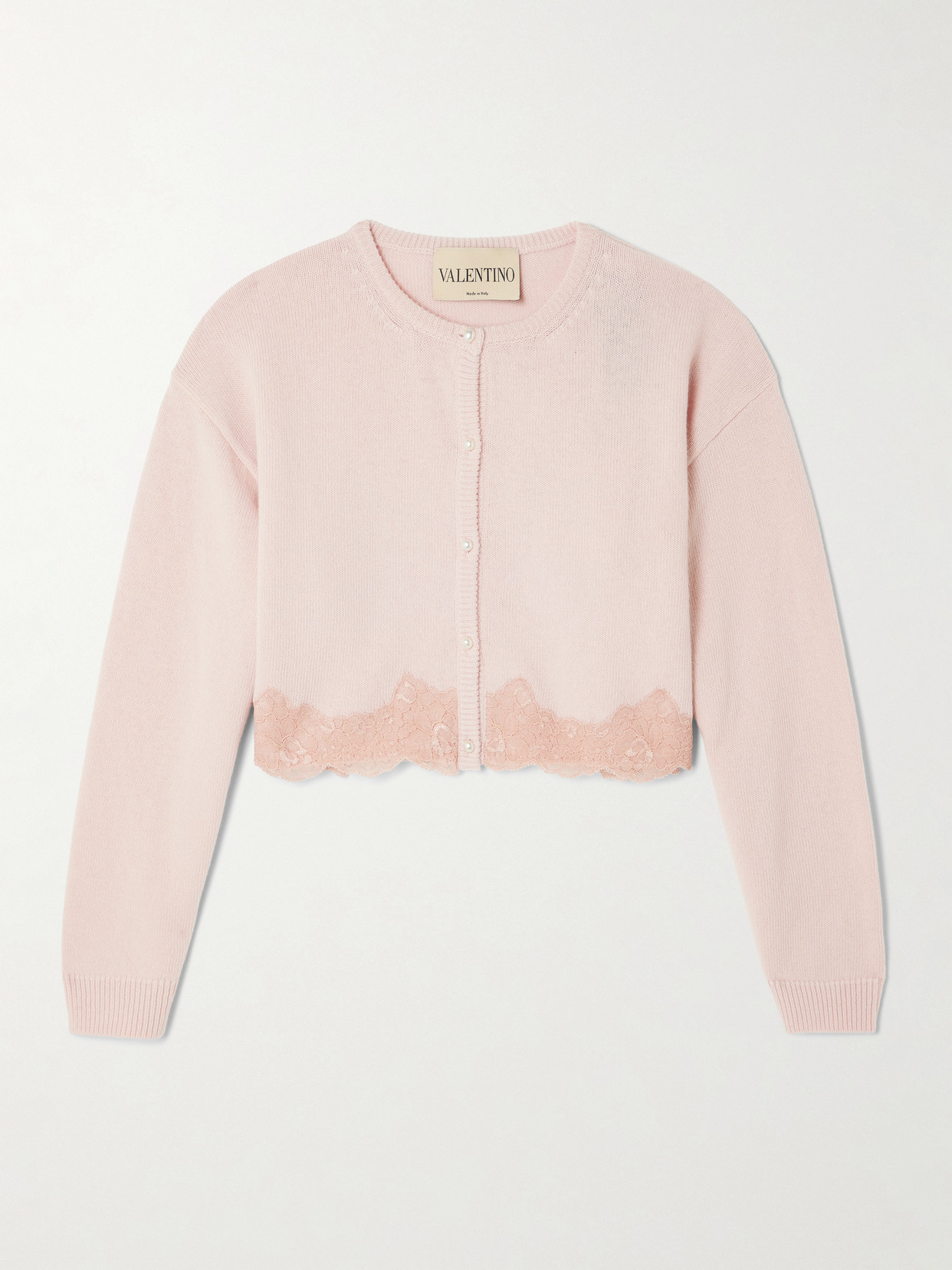 Valentino Cropped Lace-trimmed Wool Cardigan In Pink