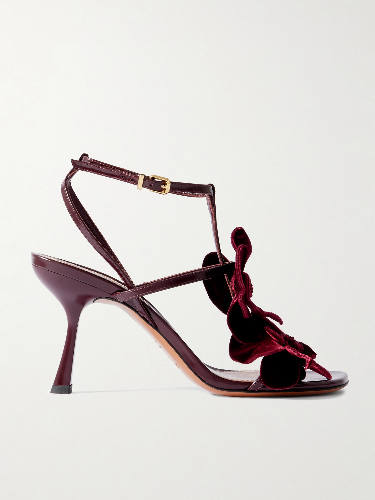 Zimmermann Orchid Appliquéd Velvet-trimmed Glossed-leather Sandals In Burgundy