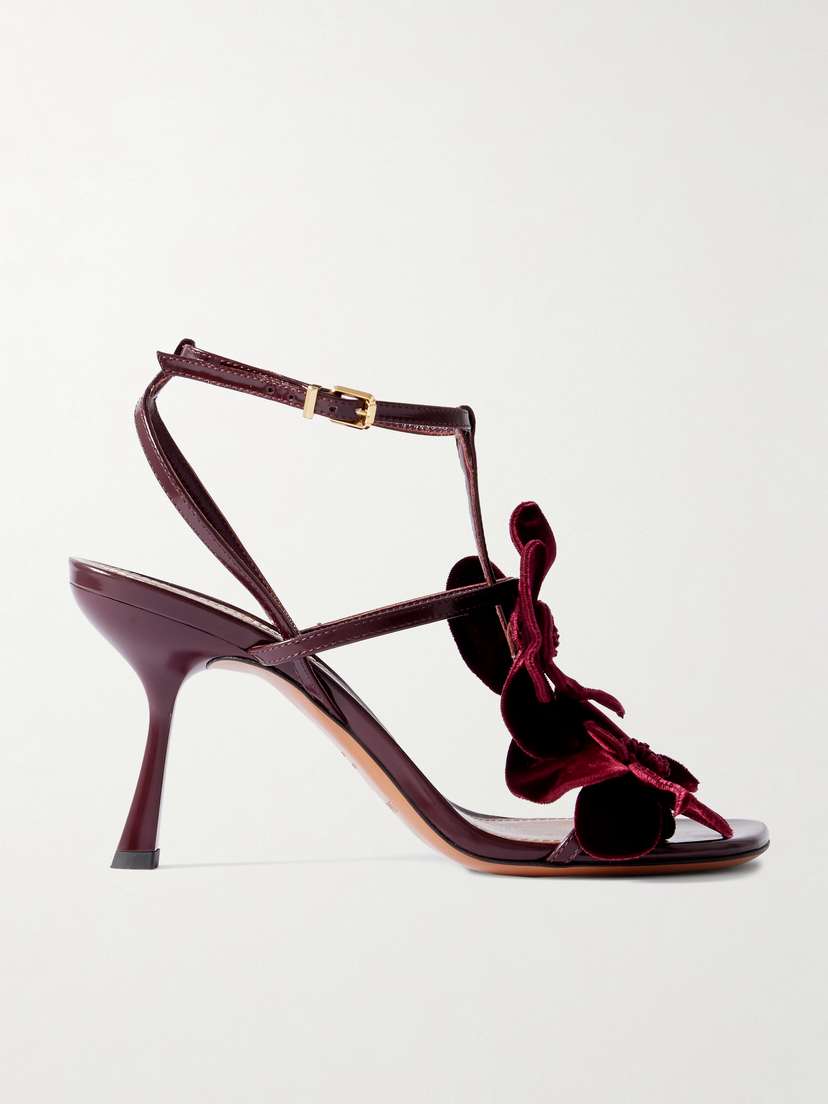 Zimmermann Orchid Appliquéd Velvet-trimmed Glossed-leather Sandals