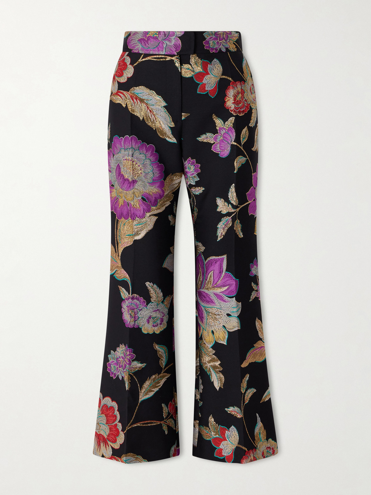 Valentino Floral-brocade Wool-blend Straight-leg Pants In Black