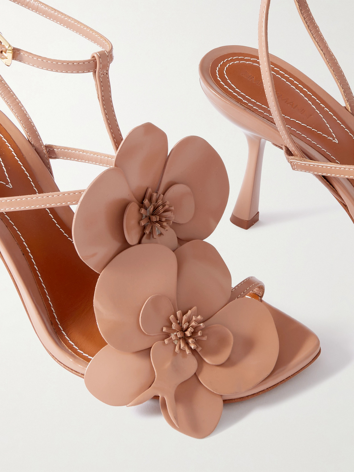 Zimmermann Orchid Appliquéd Glossed-leather Sandals In Neutral