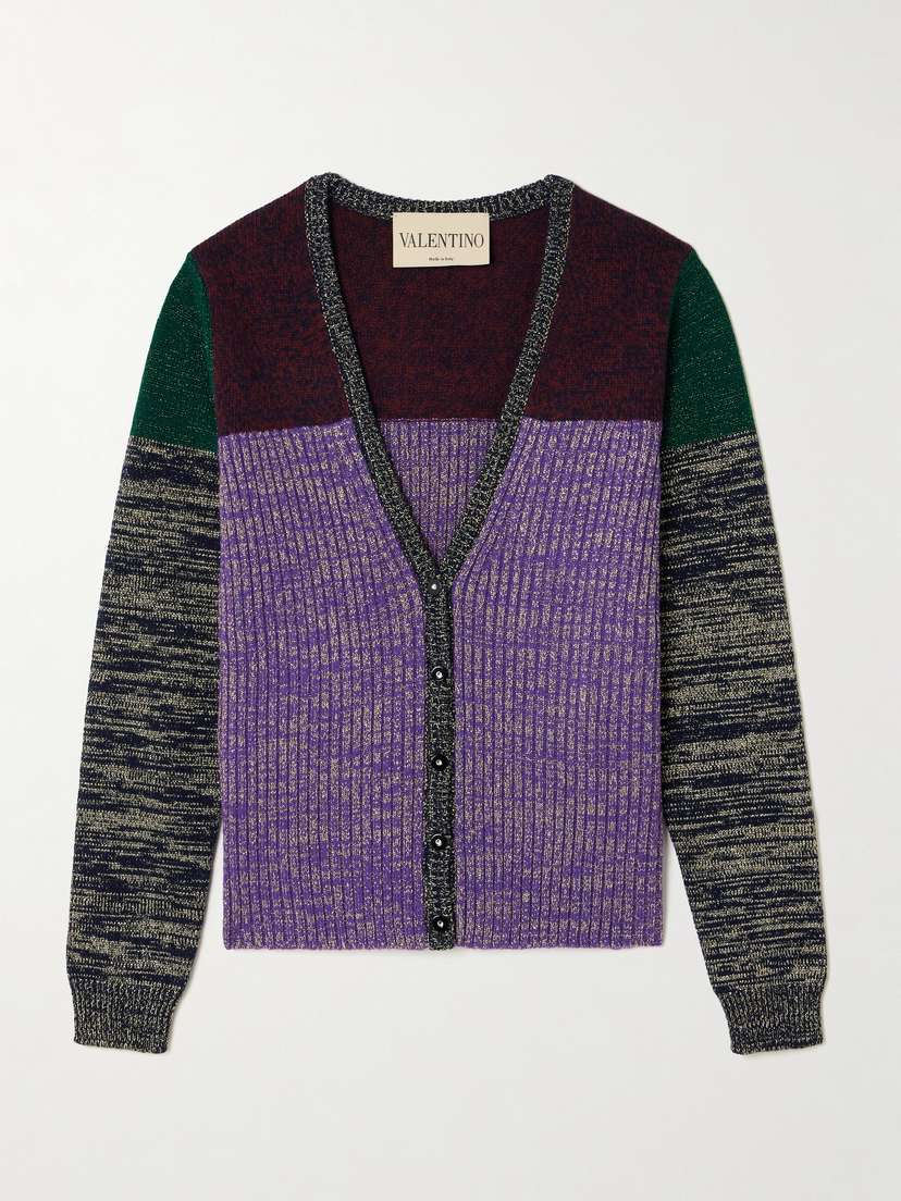 Valentino Garavani Color-block Metallic Ribbed Wool-blend Cardigan