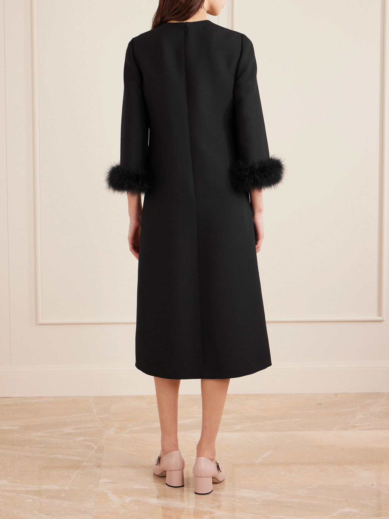 Valentino Feather-trimmed Wool And Silk-blend Crepe Midi Dress In Black