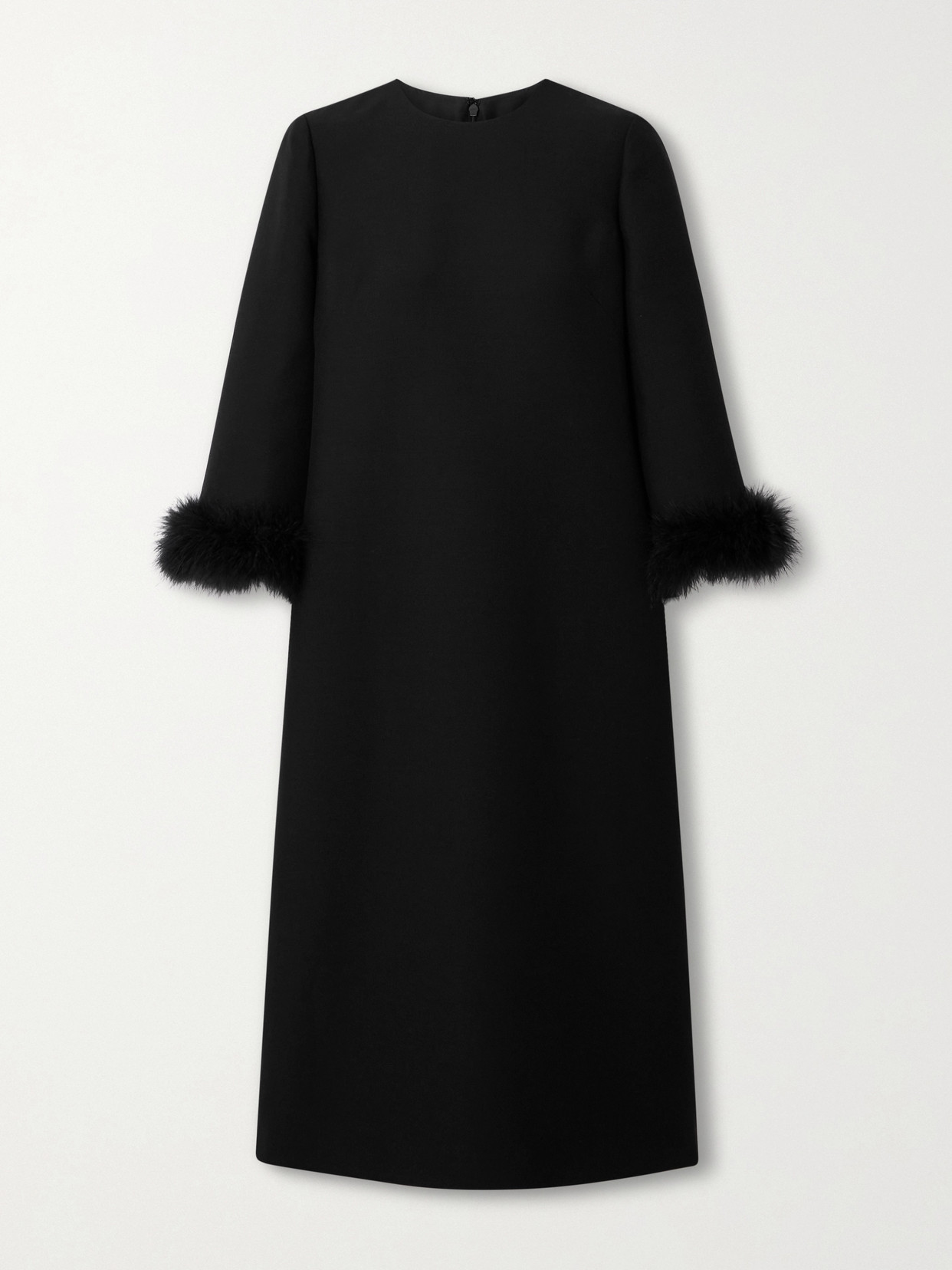 Valentino Feather-trimmed Wool And Silk-blend Crepe Midi Dress In Black