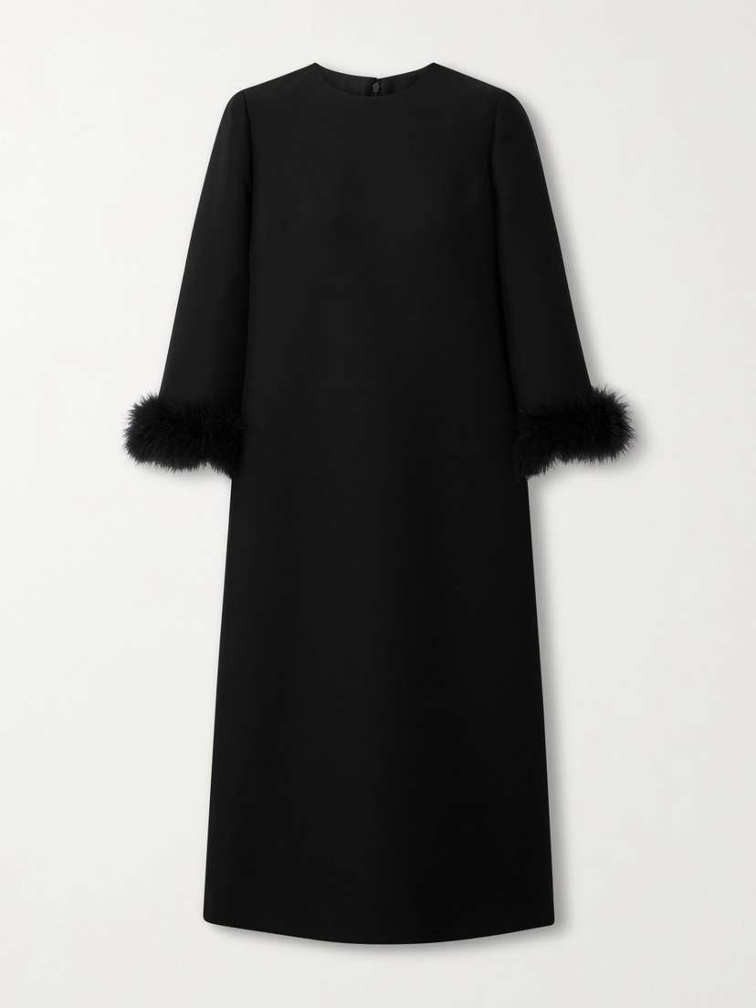 Valentino Garavani Feather-trimmed Wool And Silk-blend Crepe Midi Dress