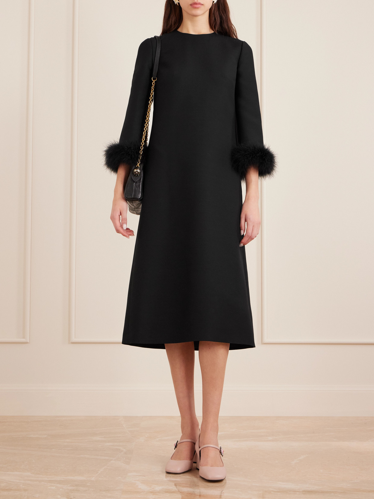 Valentino Feather-trimmed Wool And Silk-blend Crepe Midi Dress In Black