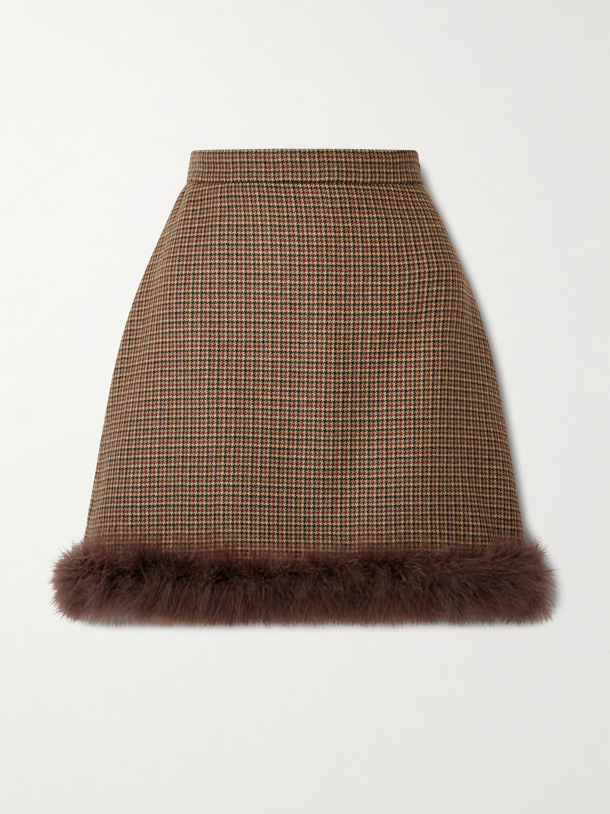 Valentino Feather-trimmed Houndstooth Wool Mini Skirt In Brown