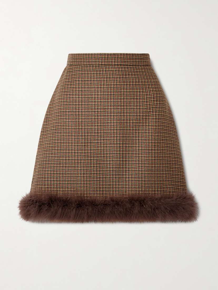Valentino Garavani — Feather-trimmed houndstooth wool mini skirt