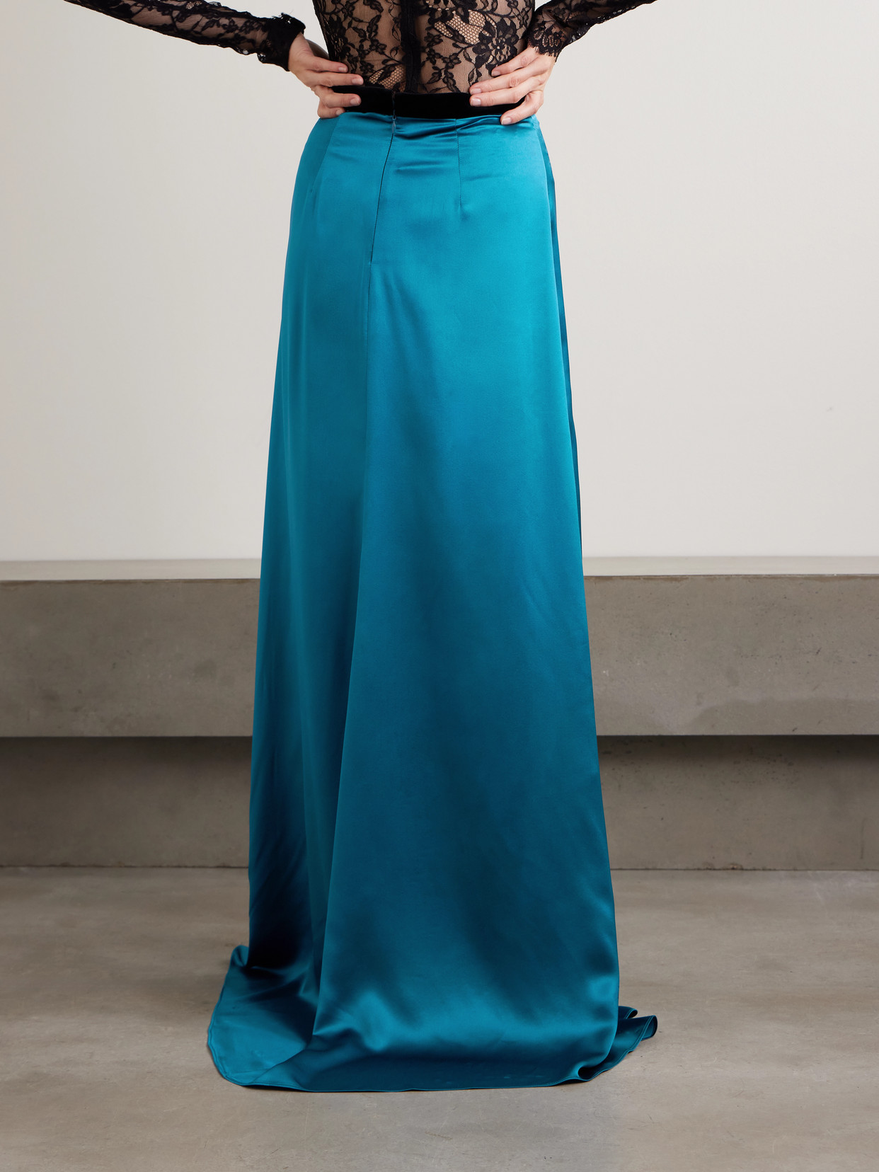 Valentino Velvet-trimmed Satin-crepe Maxi Skirt In Blue